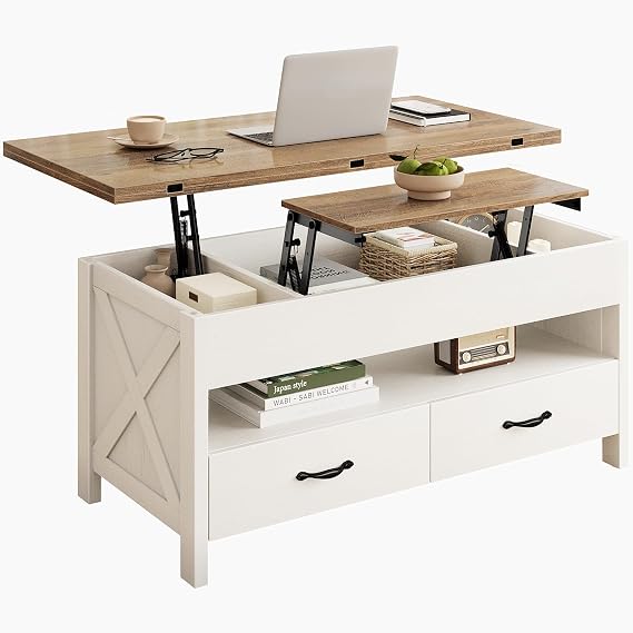 Marsail 40 Lift Top Coffee Table, 4 in 1 Coffee Table with Hidden Compartment, 1 Open Shelf and 2 Drawers, Multifunctional Farmhouse Center Table for Living Room and Home Office, Brown and White