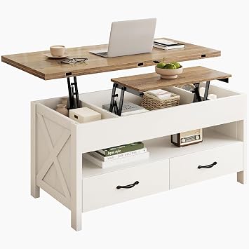 Marsail 40 Lift Top Coffee Table, 4 in 1 Coffee Table with Hidden Compartment, 1 Open Shelf and 2 Drawers, Multifunctional Farmhouse Center Table for Living Room and Home Office, Brown and White