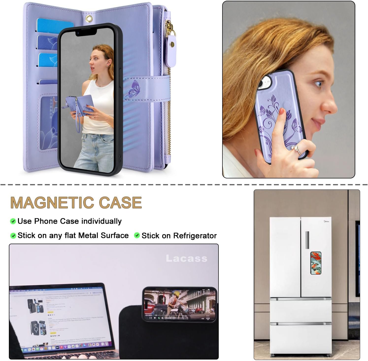 Lacass Case Wallet Compatible with iPhone 16e/17e, [12 Card Slots] ID Credit Cash Holder Zipper Pocket Detachable Leather Wallet Cover with Wrist Strap Lanyard（Floral Light Purple）
