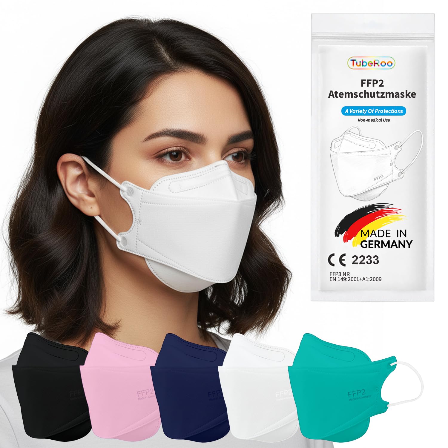 FFP2 Lot de 20 masques blancs en forme de poisson - Fabriqué en Allemagne - Certifié CE - Boucles d'oreilles souples - Bande élastique - Masque respiratoire - Masque de poisson