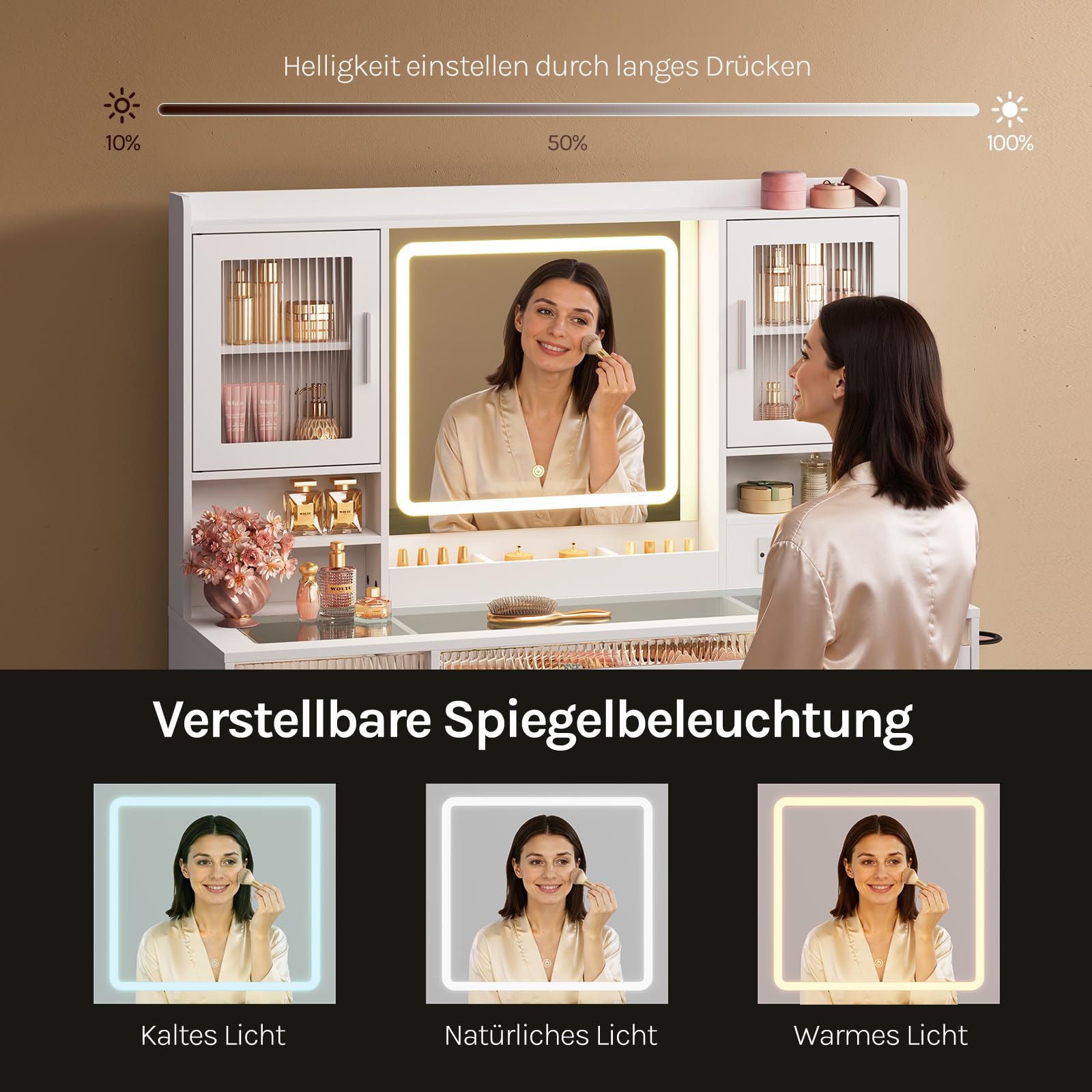 WOLTU Schminktisch mit RGB- und LED-Beleuchtung, großer Schminktisch mit transparenter Glasplatte, 9 unterteilten Fächern, Steckdose, 9 Schubladen, Spiegel, 2 Schränken, für Schlafzimmer, Weiß