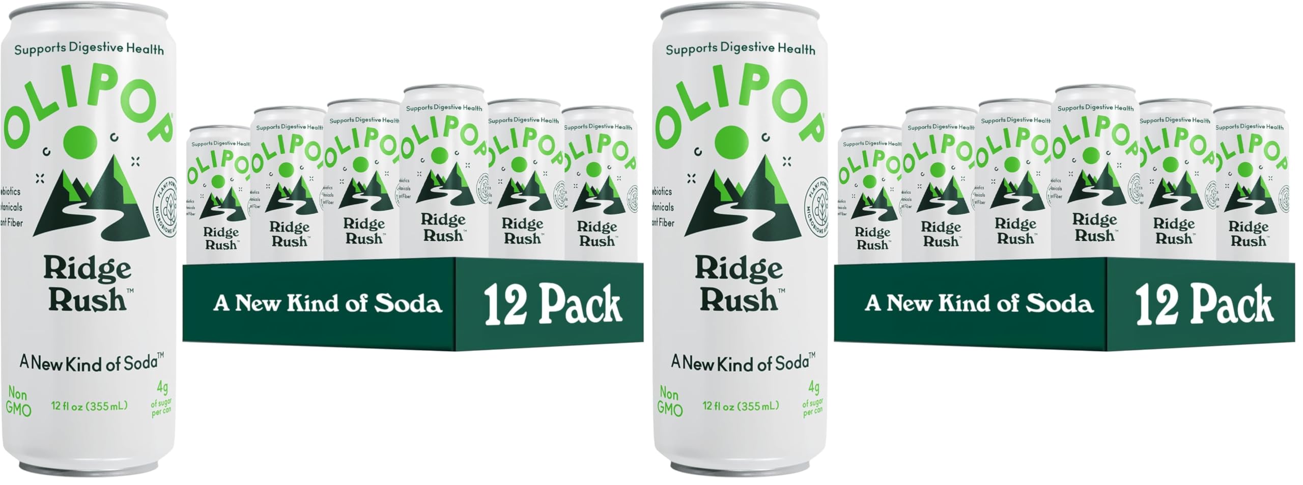 OLIPOP Sparkling Prebiotic Soda,Ridge Rush,Pantry Pack Packed with Prebiotics,Fiber,and Botanicals,Gluten Free,Vegan,GMO Free,12oz Skinny Can,(Pack of 24)