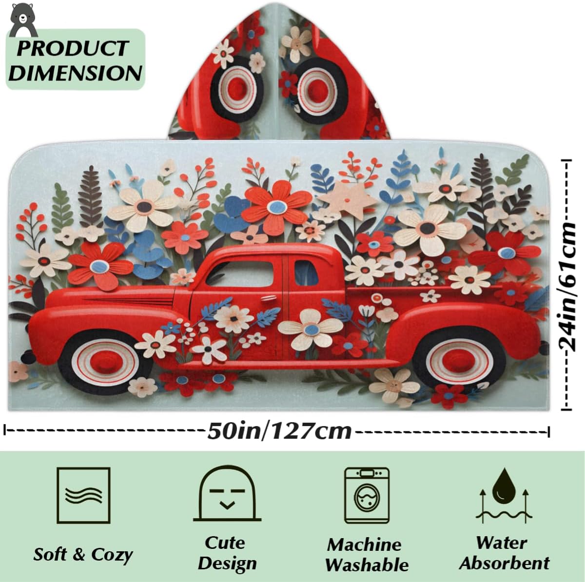 Kids Bath Towel Flower Car Beach Towel with Hood Pool Cover Up for Girls Boys Soft Absorbent Hooded Bath Towel Toddler Towels for Beach, Pool