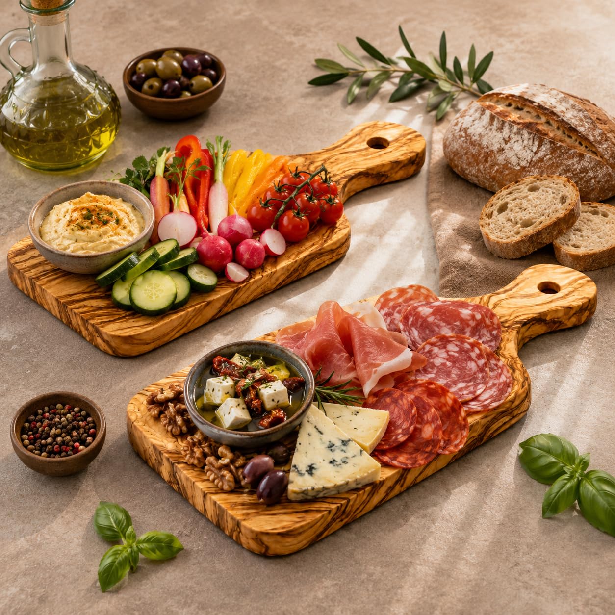 Bretter aus Olivenholz – 2 Schneidebretter für Gemüse, Käse, Brot – Frühstückstablett für Aperitif und Küchenservice – 30 cm