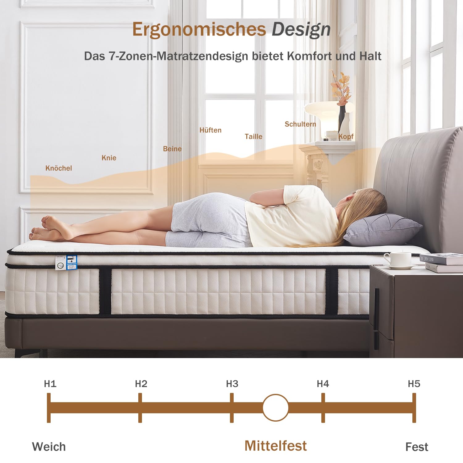 Hiepunos Colchón de 100 x 200 cm y 26 cm de altura, colchón de muelles ensacados de dureza H3,7 zonas, ortopédico con capa de espuma viscoelástica confort, alivia la espalda, certificado Öko-Tex