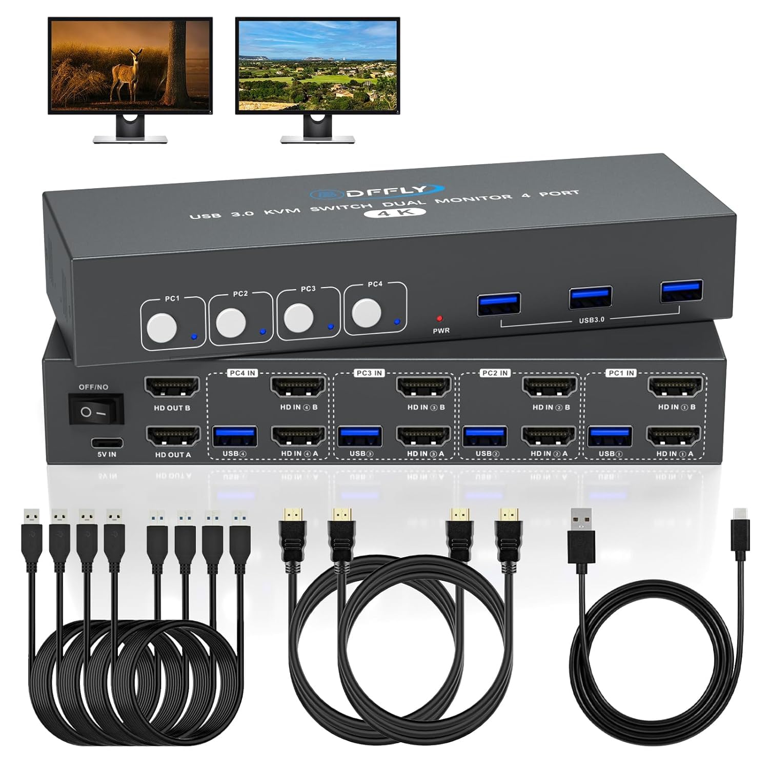 Commutateur KVM HDMI USB 3.0 4 PC 2 Moniteurs avec 3 Ports USB, 4K@60Hz pour 4 Ordinateurs Partageant deux Moniteurs et Clavier Souris, Prend en Charge le Contrôle des Boutons, Compatible EDID