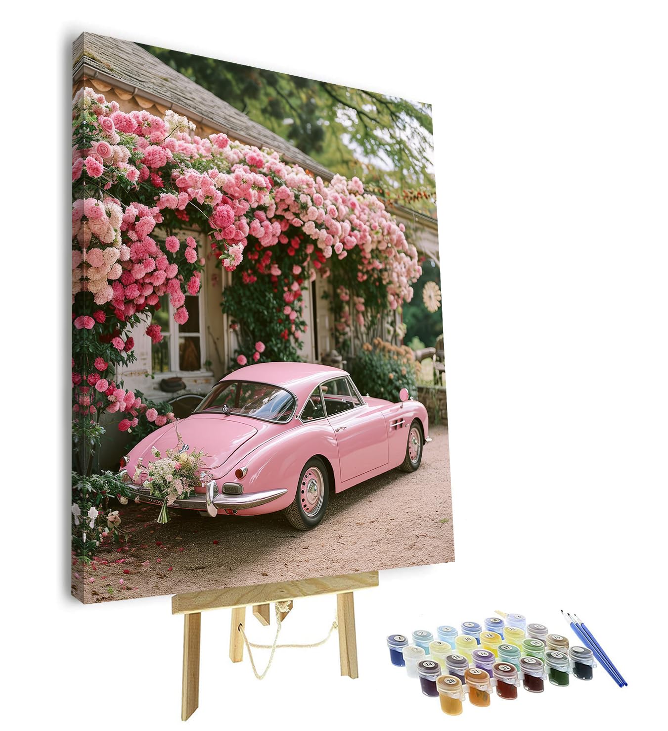 TISHIRON Paint by Numbers Kit for Adults Pink Car, Flowers Painting Kits for Beginners, DIY Acrylic Paint by Numbers Kits on Canvas, Oil Painting Art Crafts for Home 16"x20"(Framed)