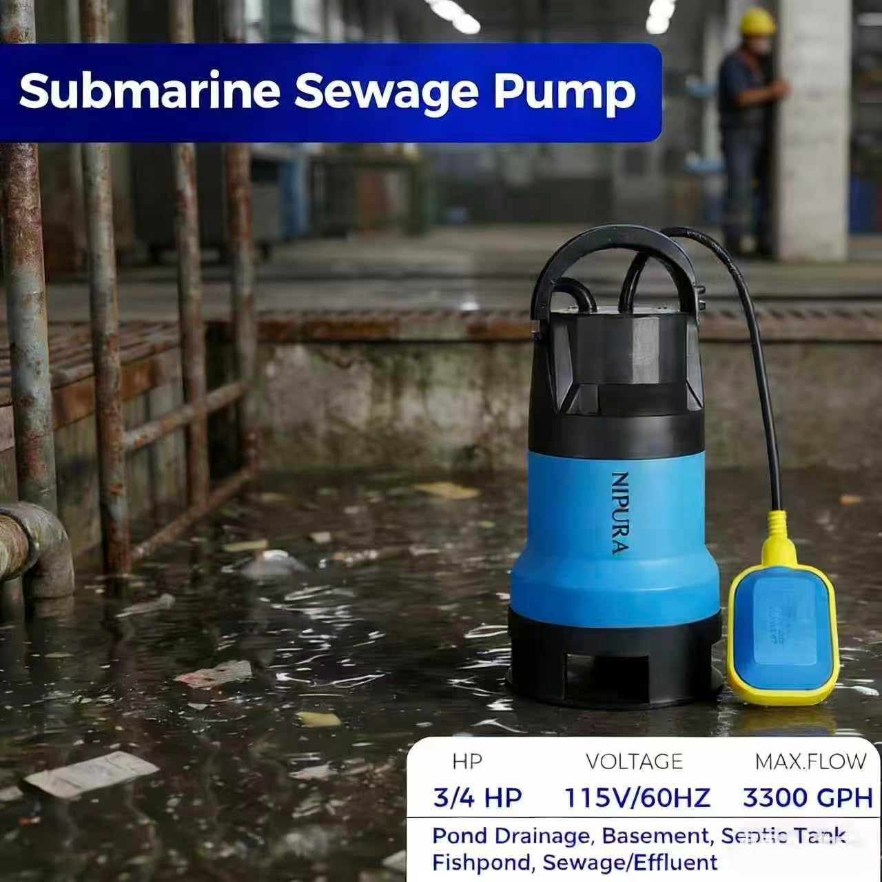 1HP Sump Pump with Auto Float Switch, 4200GPH High Flow, 2 Inch Discharge, 115V for Basement Sump Basin and Sewage Well