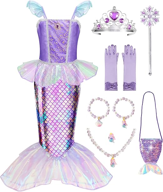 Meland Mermaid Dress - Little Mermaid Costume with Bag for Girls 3-8, Birthday Gift