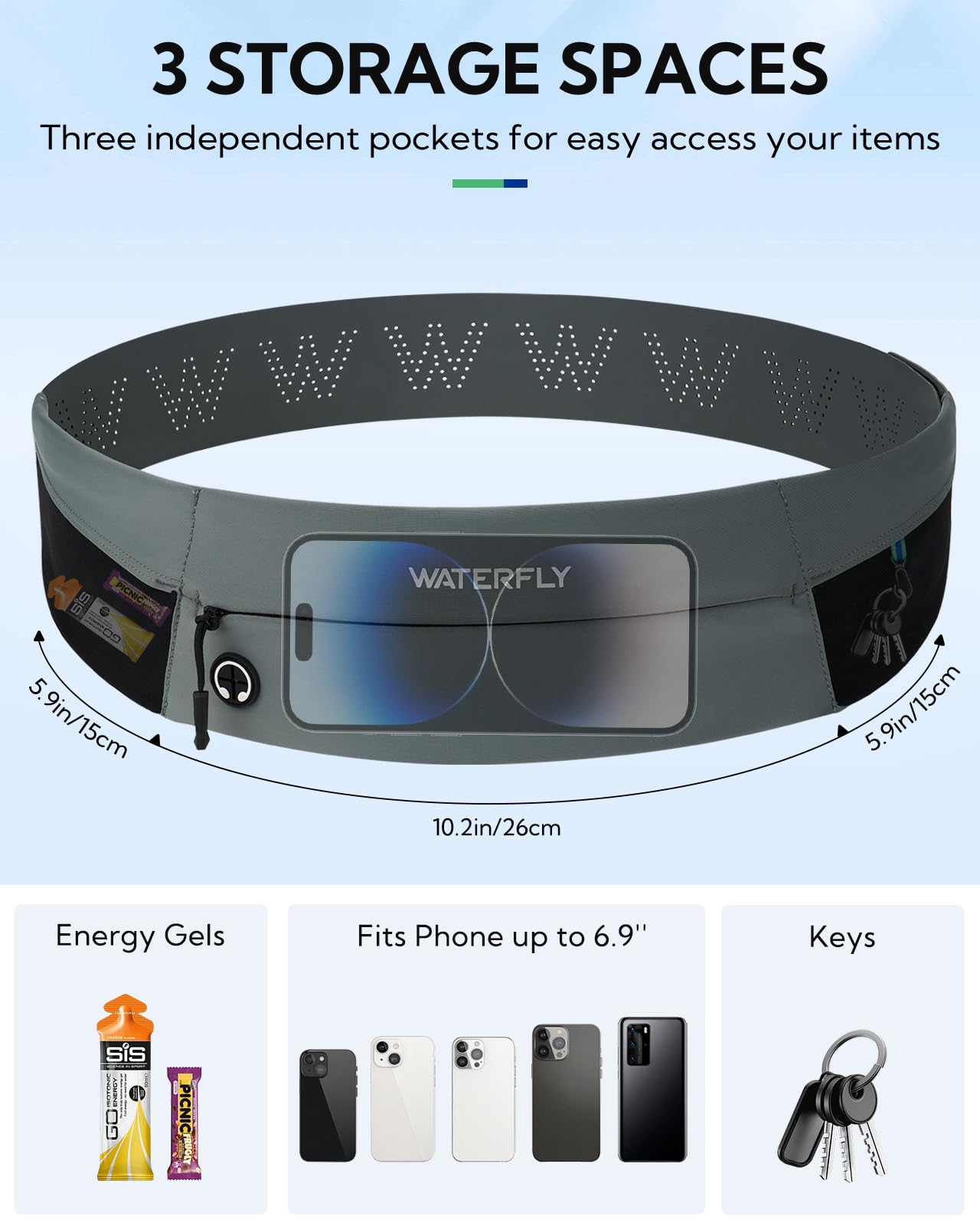 WATERFLY Marsupio da corsa: marsupio sottile per uomo e donna, supporto per telefono per allenamento, fitness, maratona, jogging, Grigio, Cintura da corsa leggera