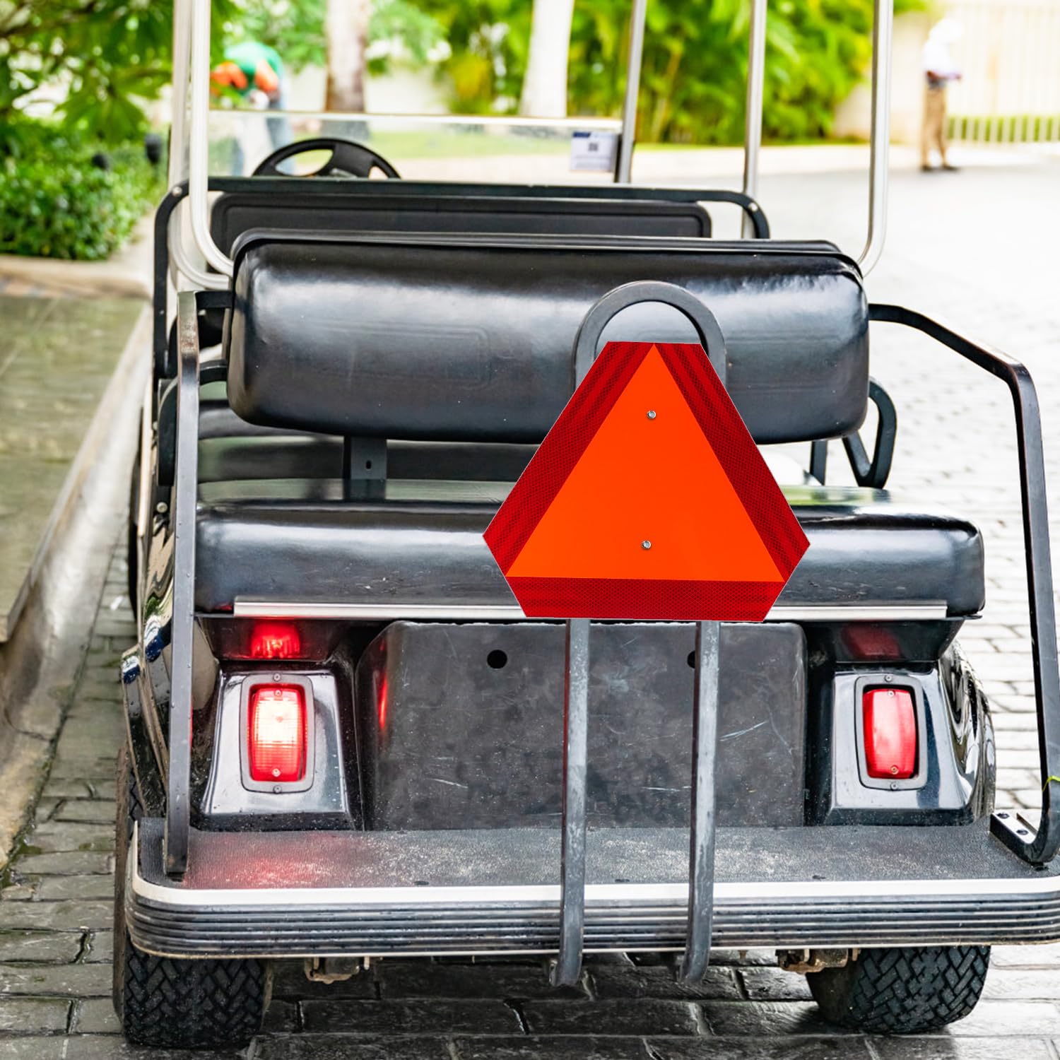 T&R Metal Slow Moving Vehicle Sign, Safety Triangle Sign - 2 Pack - 14 x16 Inches - Reflective, UV Protected, Waterproof, Weatherproof and Fade Resistant Up to 7 Years Outdoor for Golf Cart Tractor — Amazon image 6