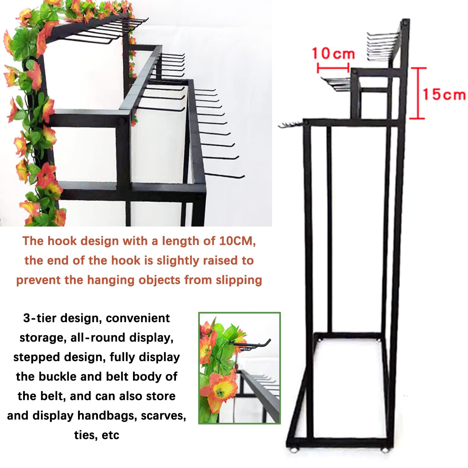 Expositor de cinturones para hombre con ganchos para colgar, multifuncional, para corbatas, bolsos, bufandas y paraguas, ideal para tiendas minoristas y estanterías comerciales (negro, 60 x 40 x 1 cm)