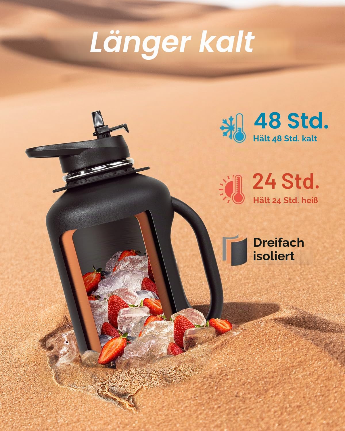 Coolflask Isolierte Wasserflasche 1893 ml mit Griff, Edelstahl-Wasserkrug mit Strohhalm, Doppelwandige Vakuum-Großflasche aus Metall mit Riemen, Auslaufsicherem, Schwarz