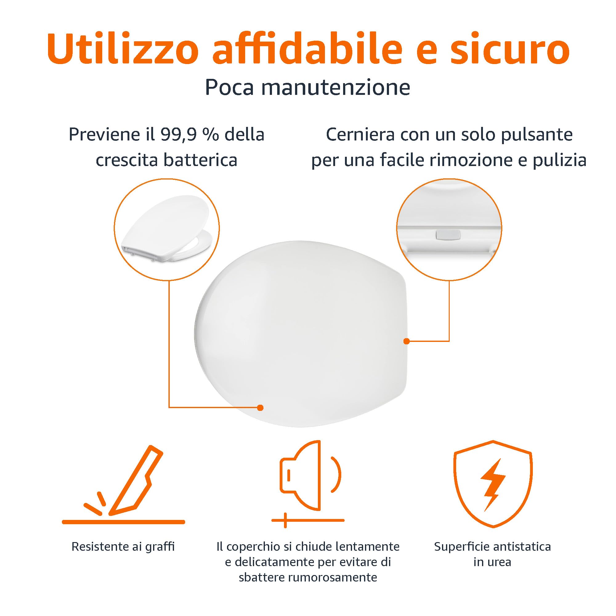Amazon Basics Ovale Sedile WC in urea, resistente, con chiusura ammortizzata e sgancio rapido, dimensioni universali, 37 x 42.5 cm, Bianco