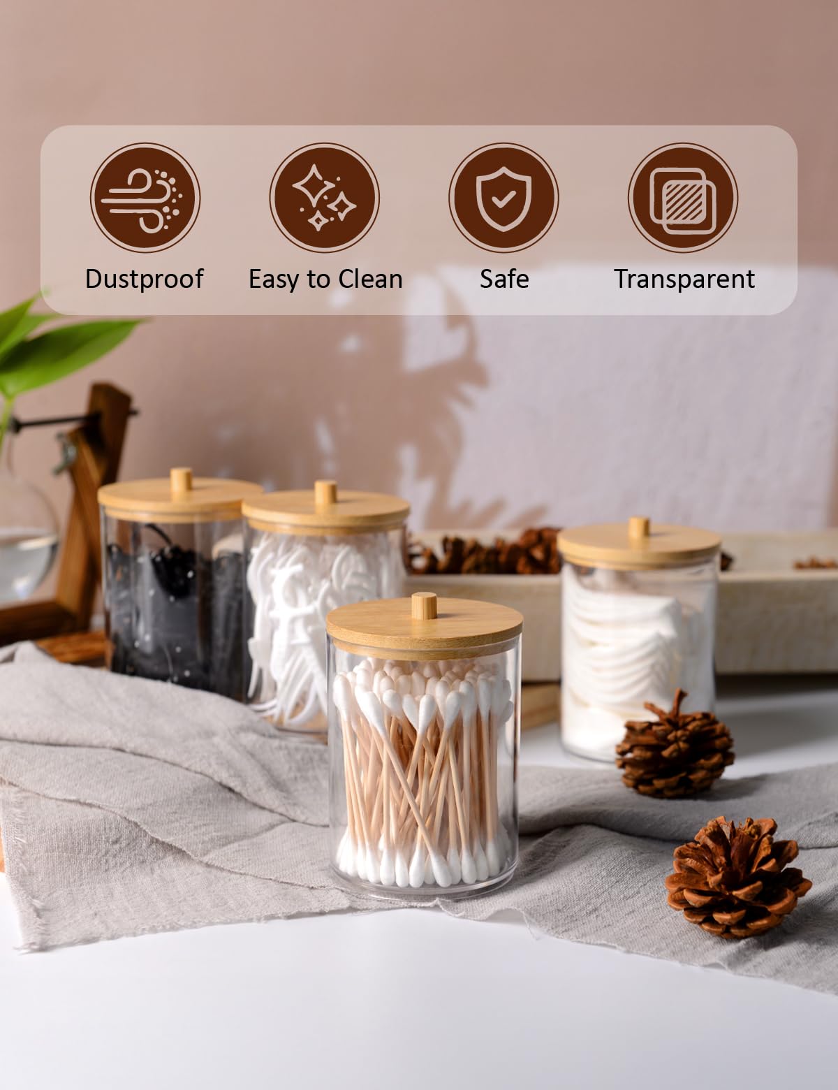 INCETUE 4PCS Cotton Pad Holder with Bamboo Lid for Bathroom Storage Acrylic Cotton Swab Dispenser - Image 3