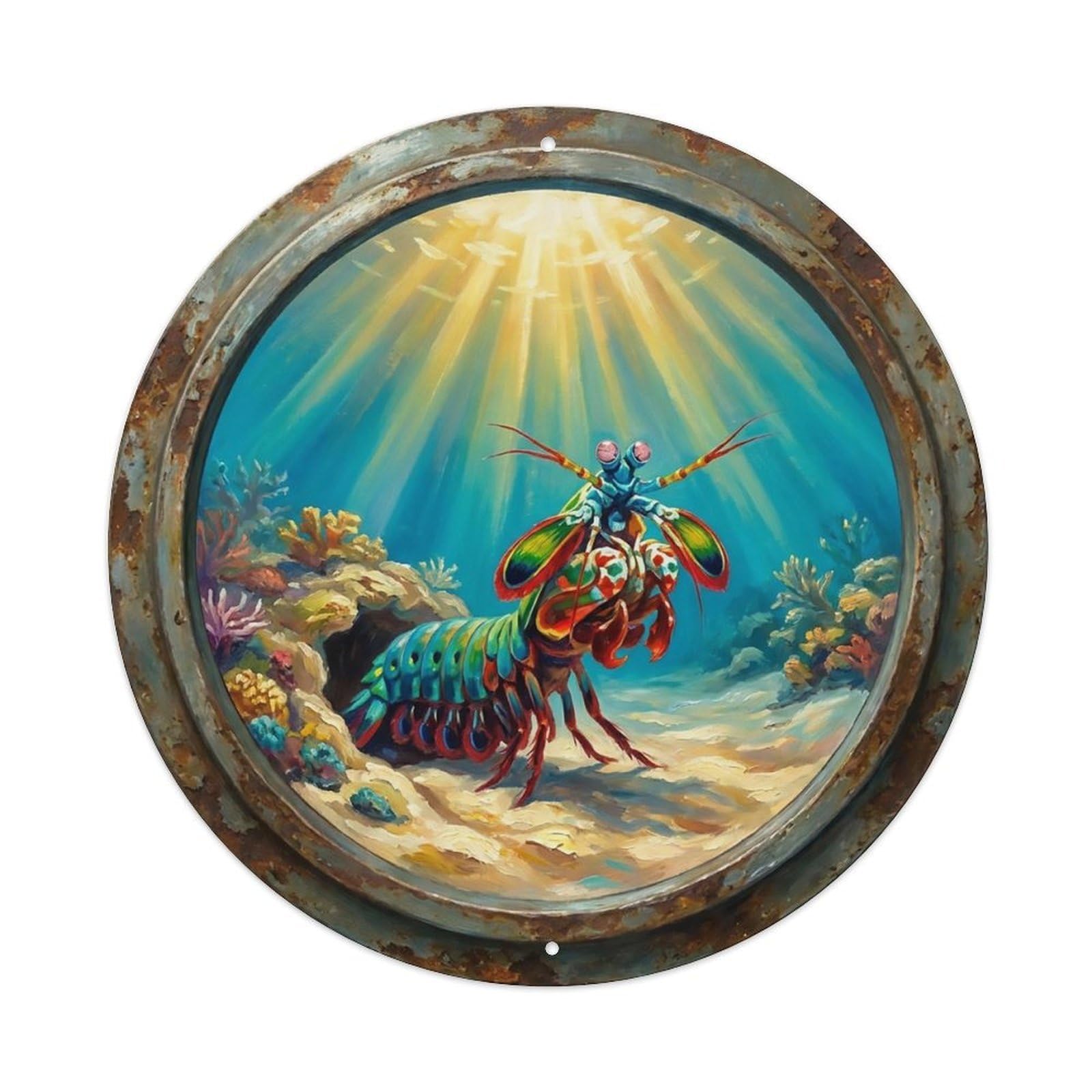 Vintage Porthole Mantis Shrimp Strike Ship Window Undersea Deep Sea Metal Tin Sign
