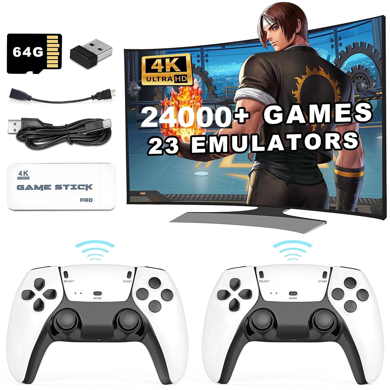 4K Pro Stick Retro Video Game Console, 24000+ Built-in Games, 64GB TF Card, 2x 2.4GHz Wireless Controllers, HDMI Output