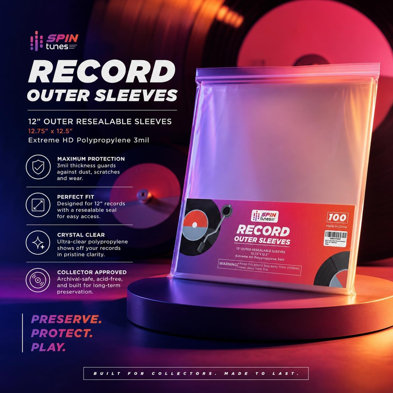 Pack of 100 Outer Sleeves Turntable Vinyl Record Protective Sleeves for 12-inch LP Albums - 3mm Thickness - Protects from Wear, Scratch, & Dust