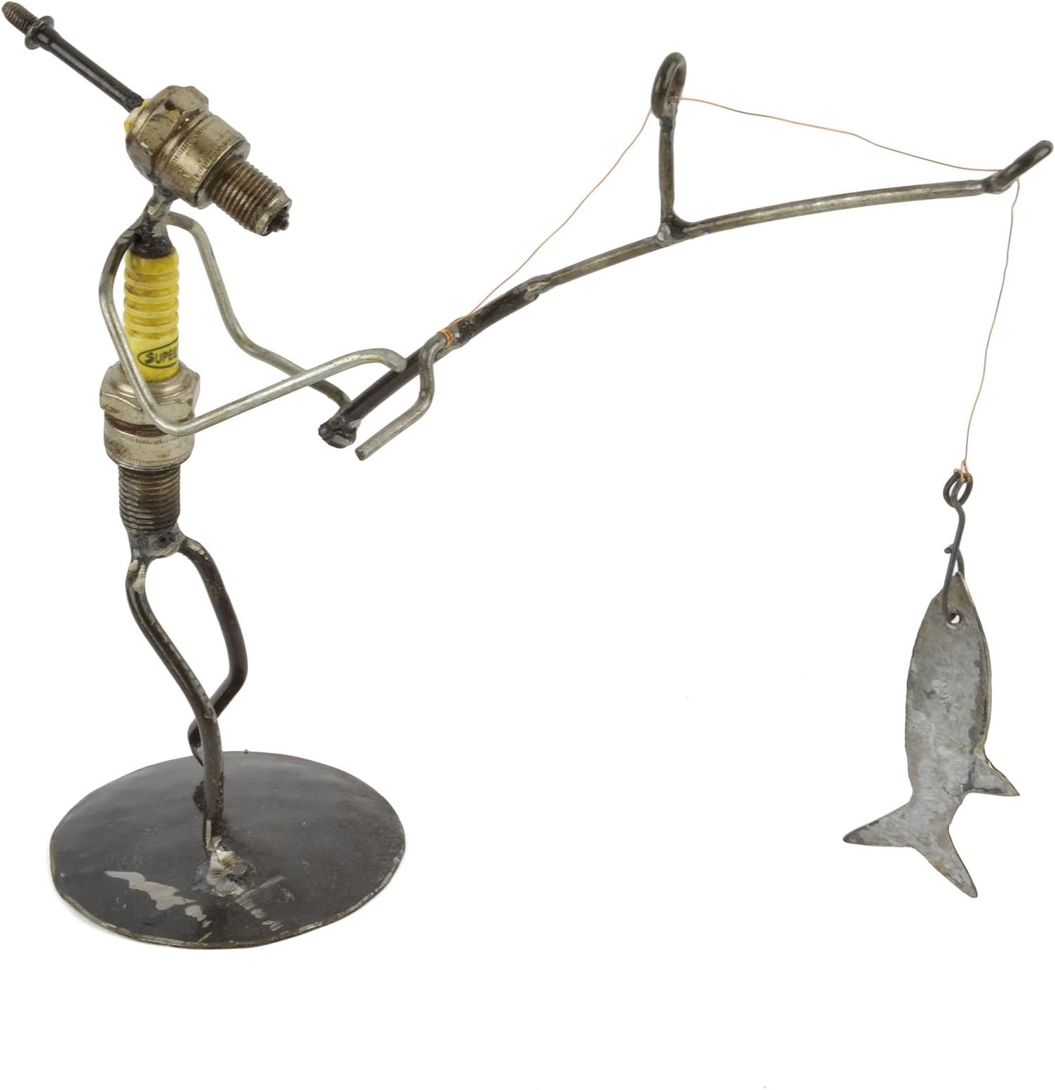 Swahili Imports Recycled Spark Plug Fisherman Metal Sculpture