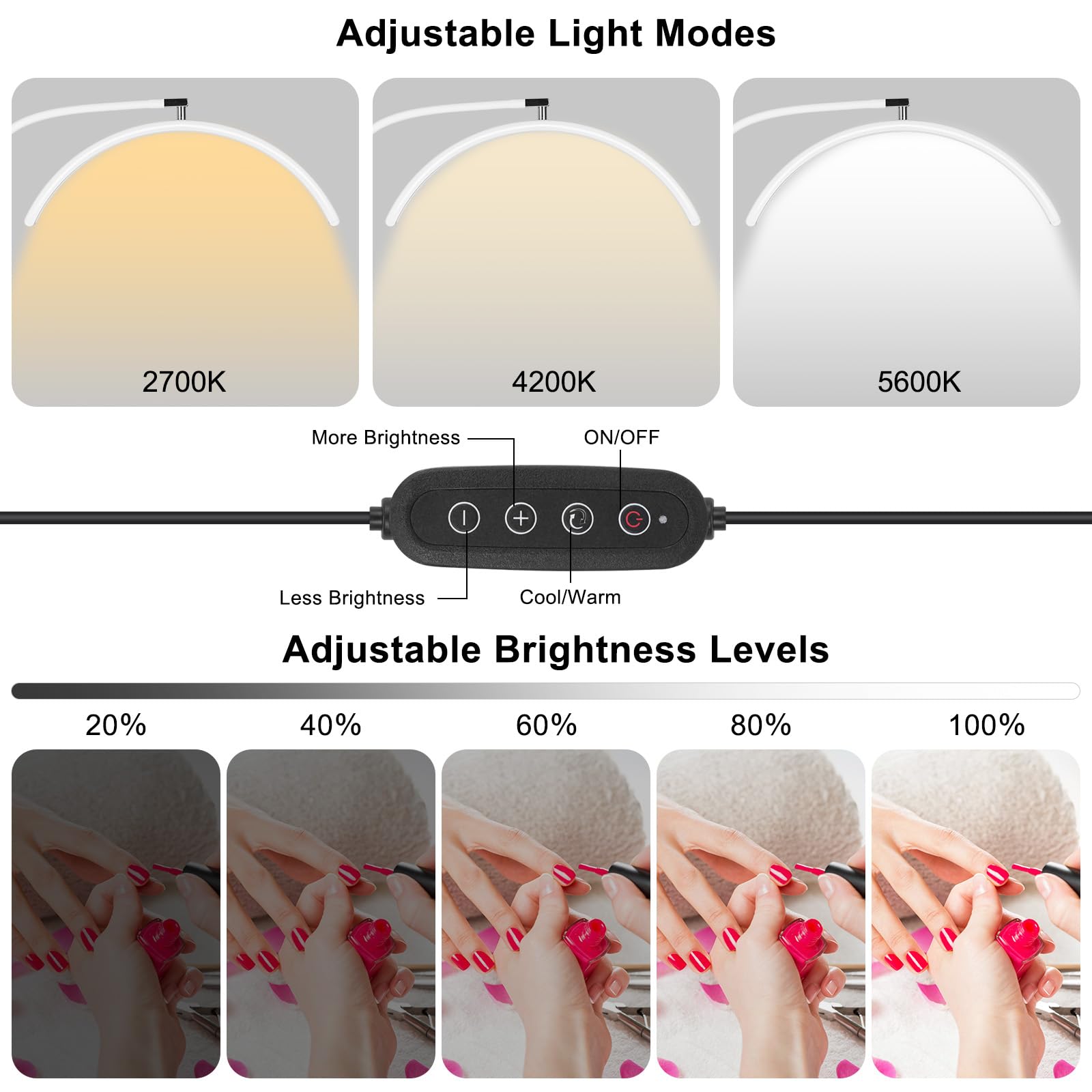 Professionelle Halbmond-LED-Schreibtischlampe für Nageltechniker und Künstler, flexible Schwanenhalslampe mit Klemme, 3 Farbmodi und 5 Helligkeitsstufen für Maniküre, Tattoo