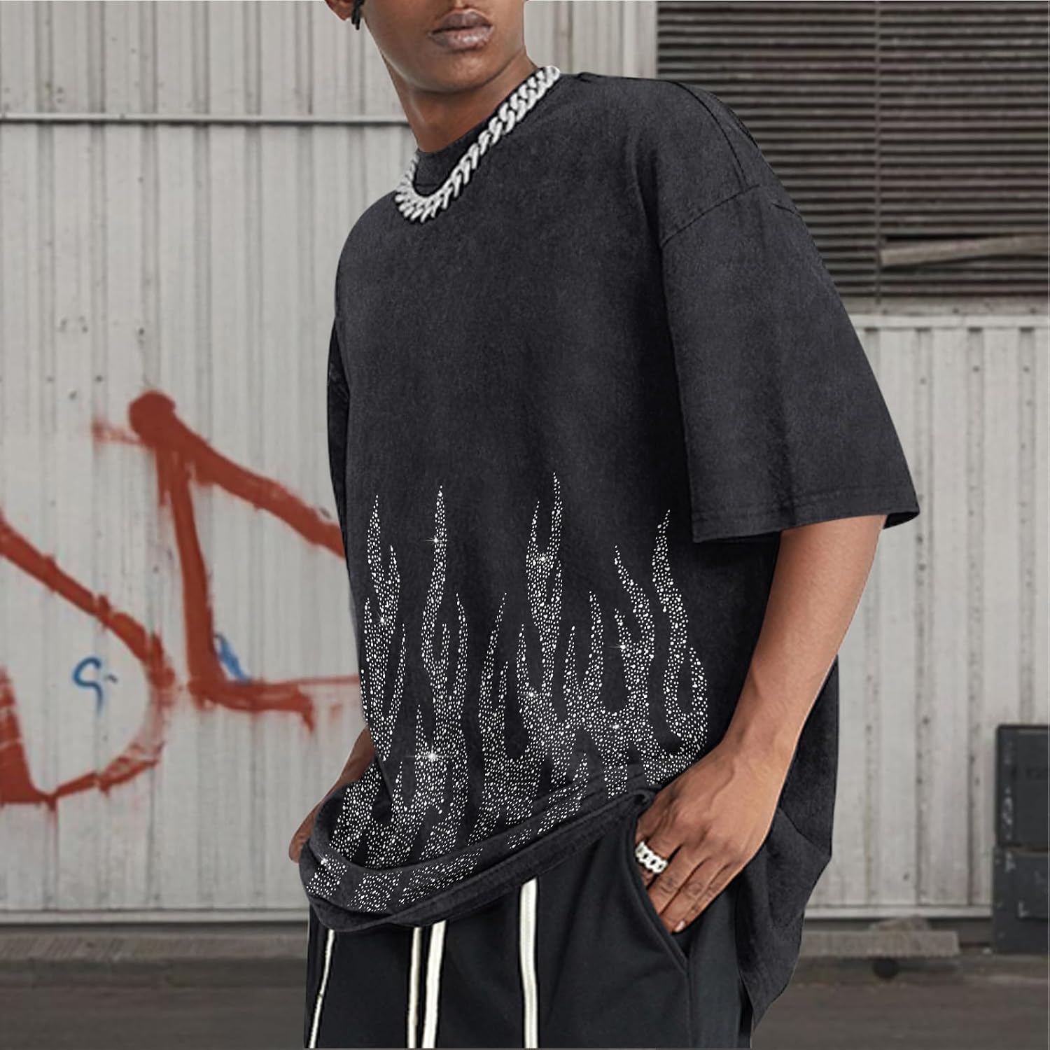 Tuislay Men's Oversized Graphic Tees Rhinestone Flame Shirt Streetwear Grunge Acid Wash Tshirt Baggy Vintage T Shirts Y2k Top