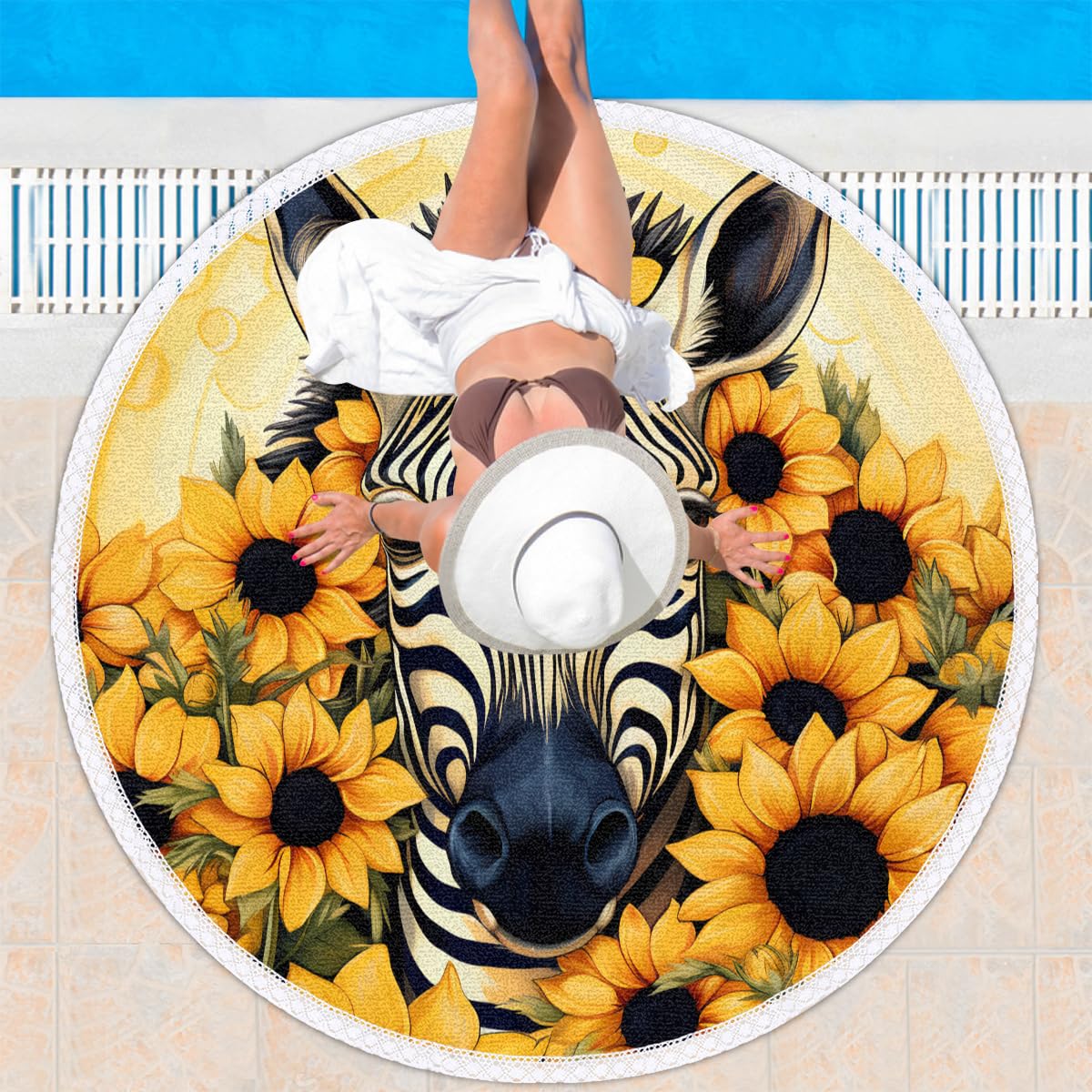 Sleepwish Zebra Print Round Beach Towel – 60" Microfiber Yoga Mat With Fringe