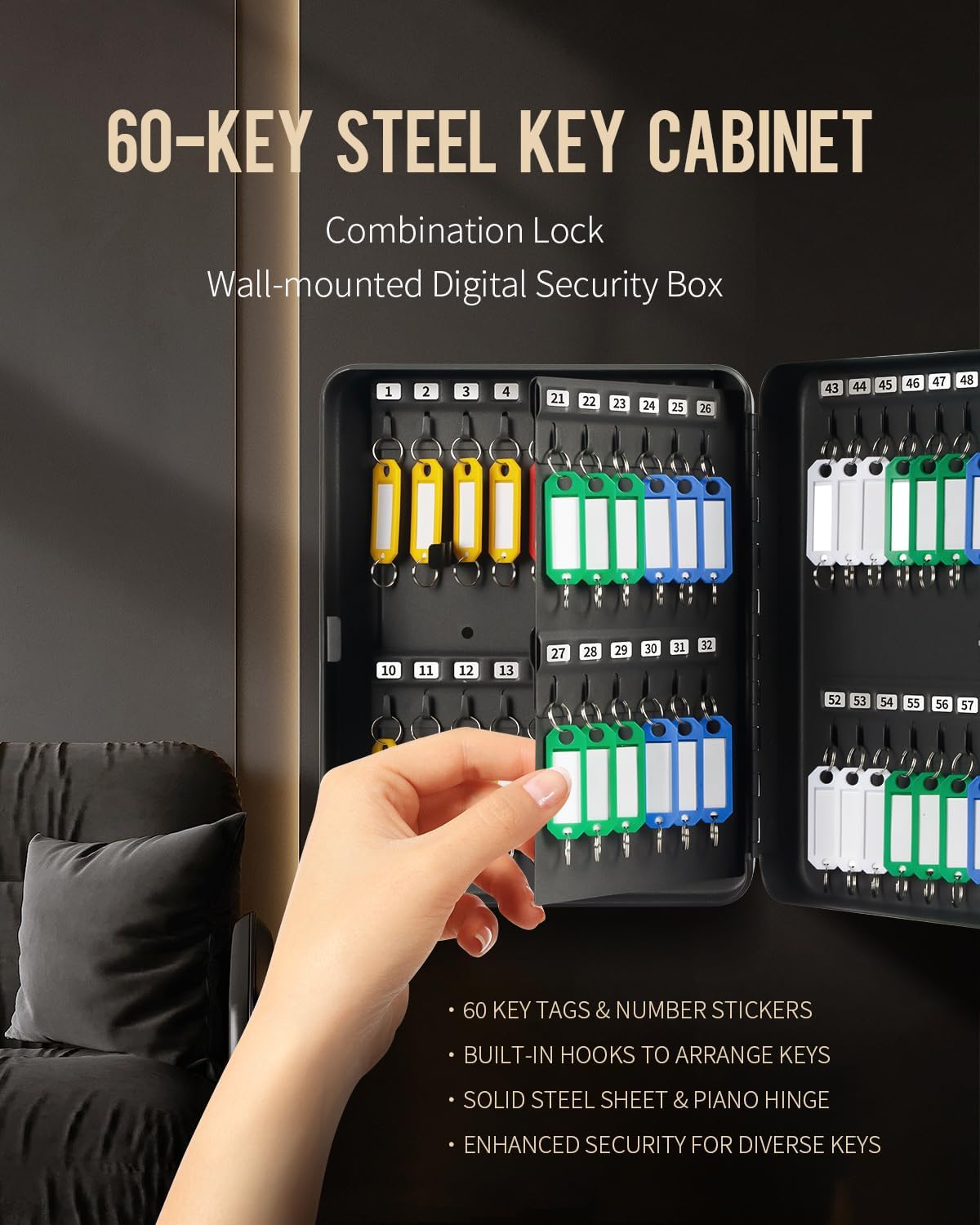 Uniclife 60 Position Key Cabinet with Combination Lock Resettable Black Digital Security Storage Box Steel Key Organizer with Colorful Large Key Tag Labels Stickers and Hooks