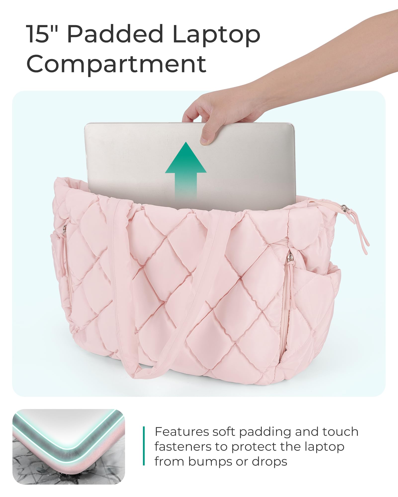 BAGSMART Tote Bag for Women, Quilted Puffer Tote Bag with Compartments, Shoulder Handbag Work Bag with Zipper for Travel