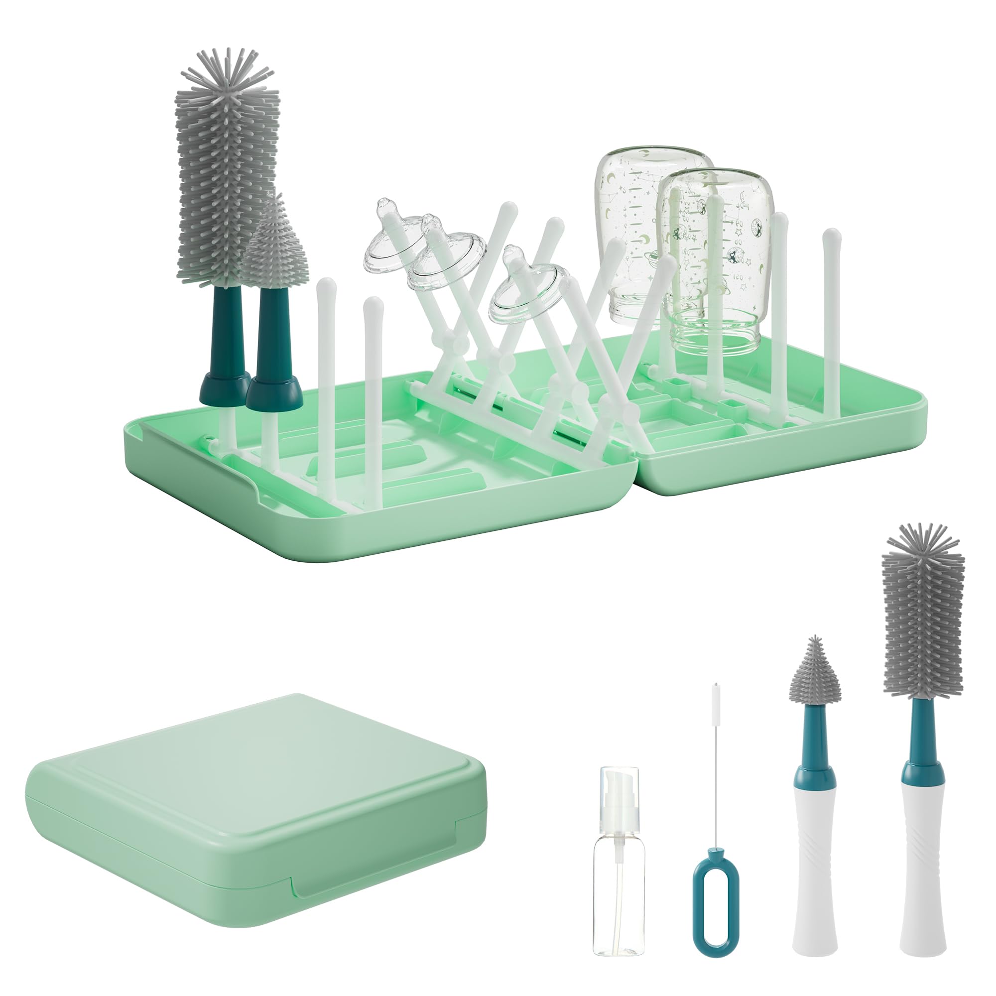 WHNL Portable Baby Bottle Brush Set with Multiple Brushes,Soap Dispenser, Foldable Bottle Drying Rack for 16 Bottles, Bottle Cleaner Brush Set for