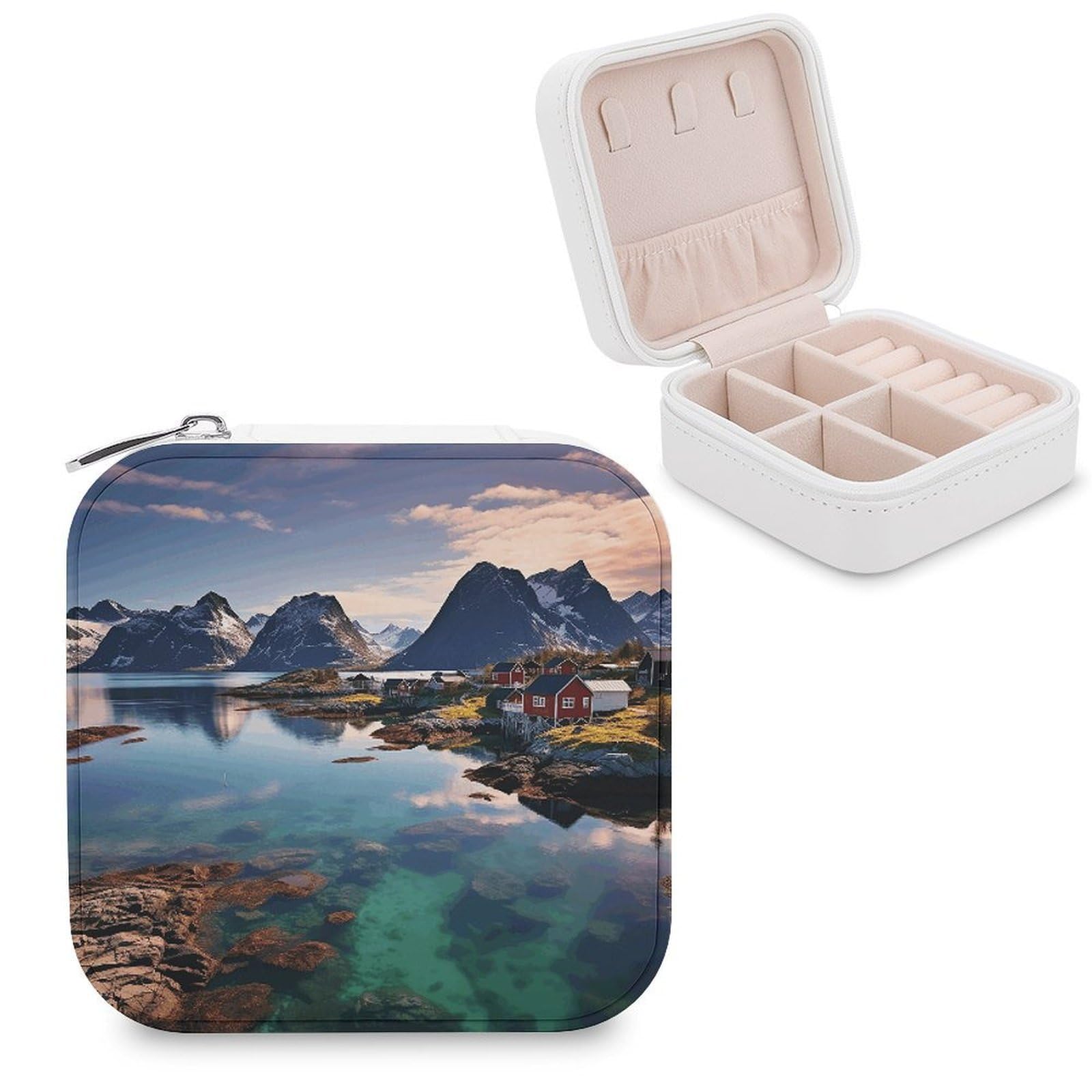 VstaDank Norway Islands Travel Jewelry Case Zipper Portable Small Jewelry Box Custom Pu Leather Mini Traveling Jewelry Organizer for Rings Earrings Necklace Bracelet Girls Women