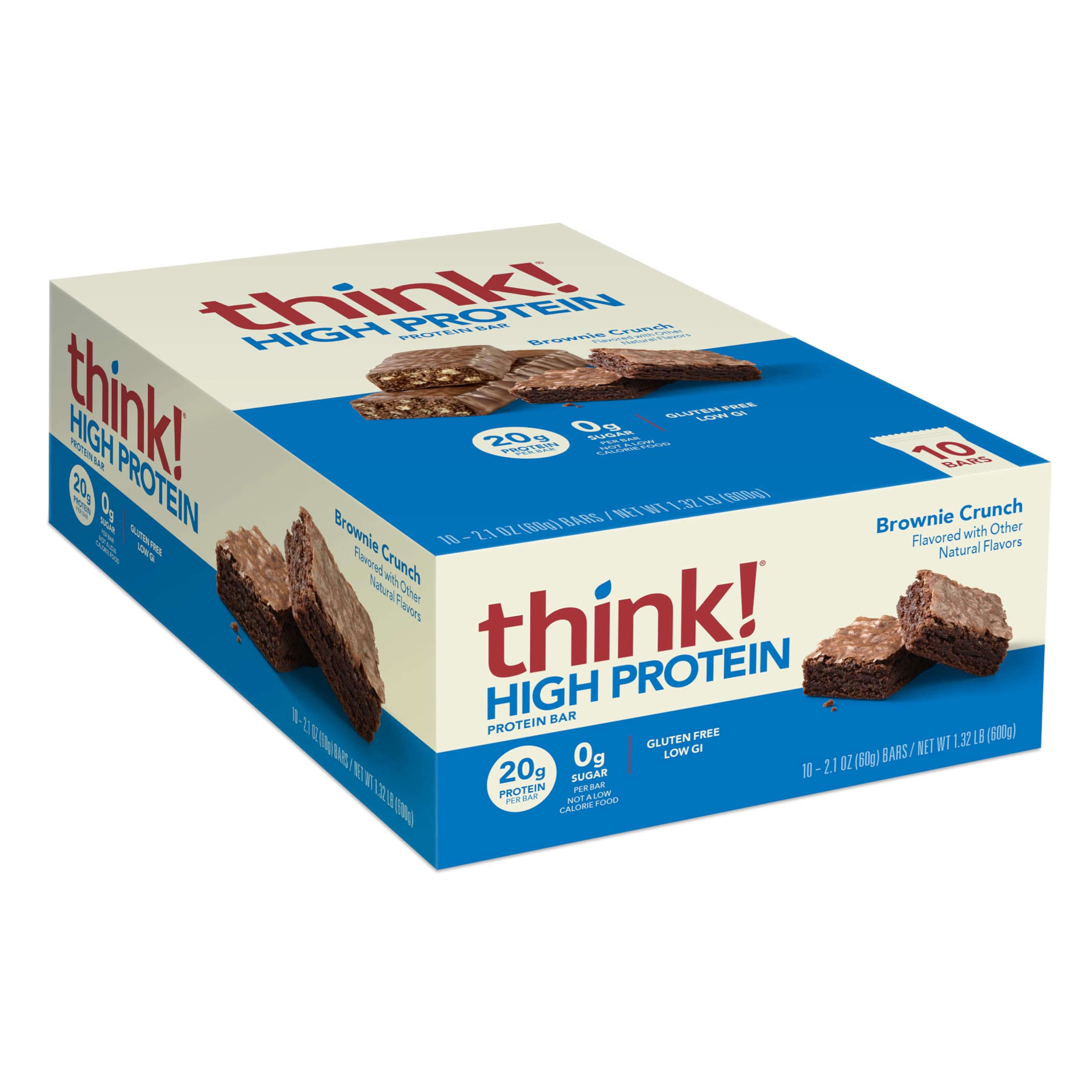 think! Protein Bars, High Protein Snacks, Gluten Free, Sugar Free Energy Bar with Whey Protein Isolate, Brownie Crunch, Nutrition Bars without Artificial Sweeteners, 2.1 Oz (10 Count)