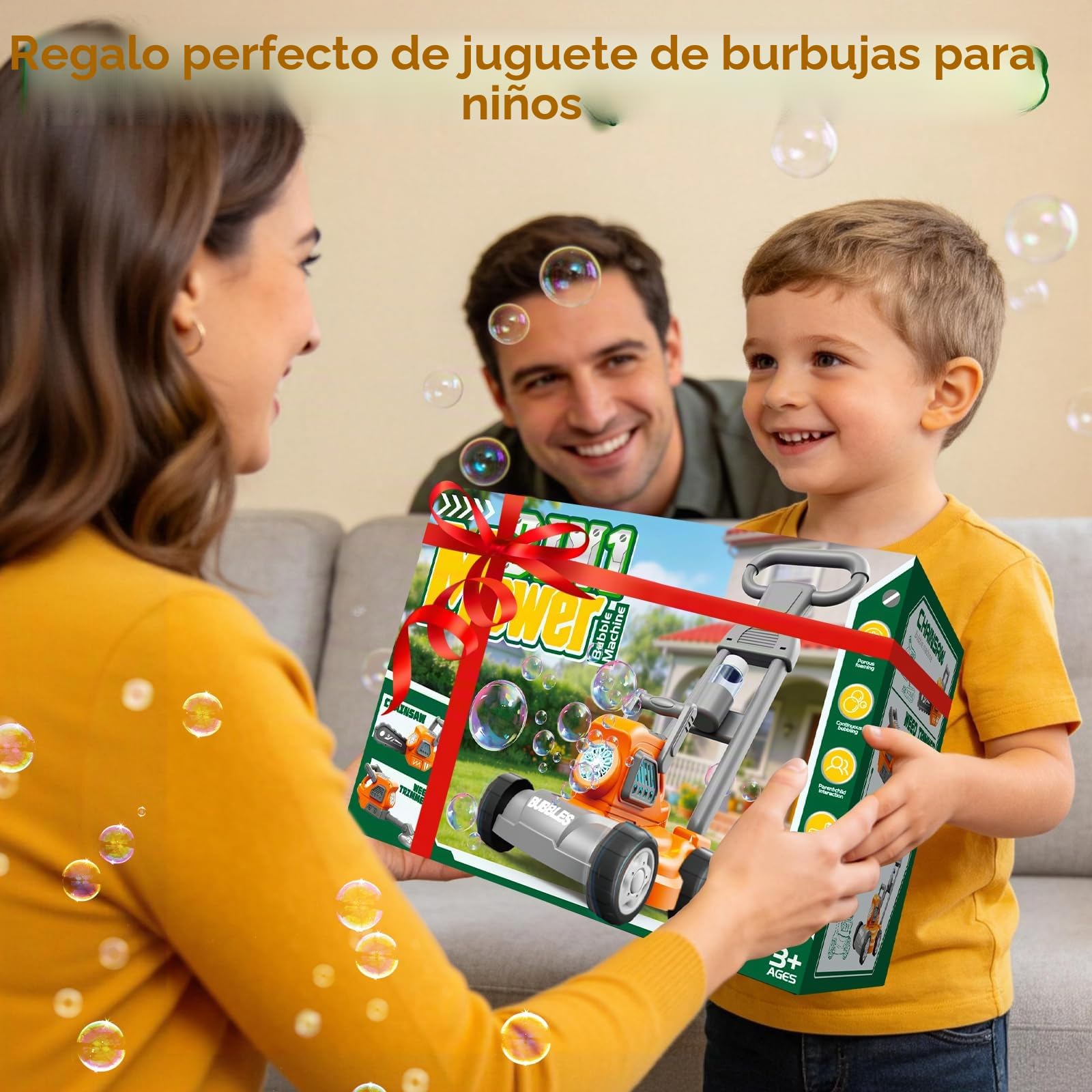 Cortacésped de Burbujas para Niños, Máquina de Burbujas 3 en 1 con 10 Packs de Solución, Juguete de Empuje para Exterior para Niños de 3 a 8 Años, Regalo de Cumpleaños, Pascua y Verano