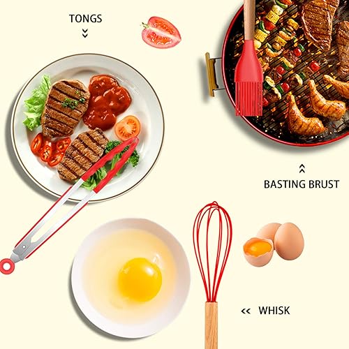 Miniatura 4 de MIBOTE Juego de utensilios de cocina de silicona, resistente al calor, pinzas giratorias, espátula, cuchara, batidor, mango de madera con soporte