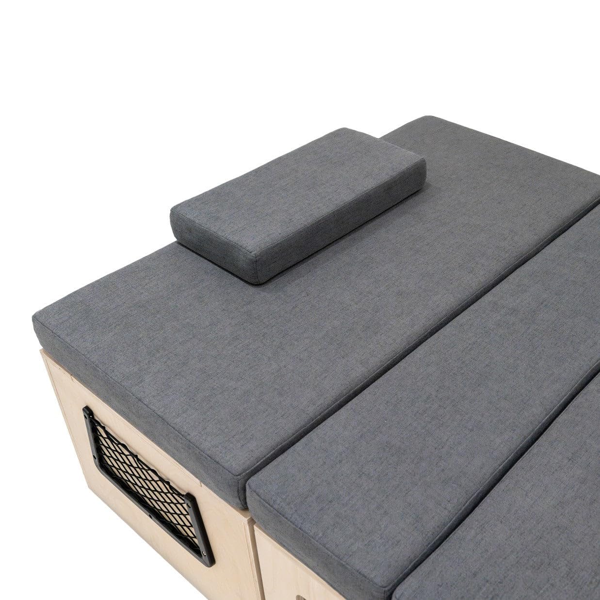 Canapé-Lit en forme de L, Bois de bouleau pour Camping-Car Rangement sous banc 2 filets rangement, Compatibilité avec plusieurs véhicules, 180cm x 120 cm [Coussins, Matelas & Fixations INCLUS]