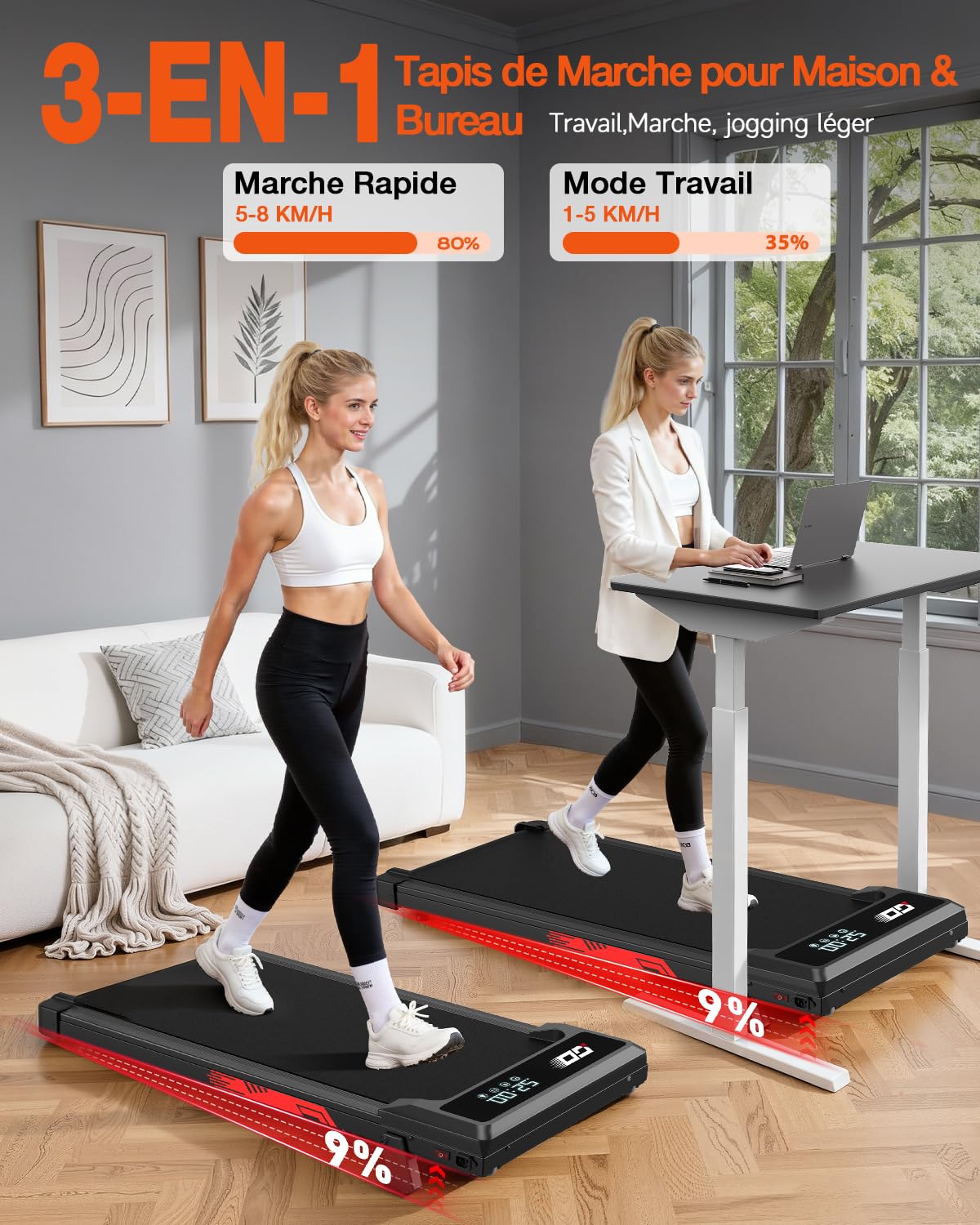 Tapis de Course et de Marche 3 en 1 avec Pente 9%, Tapis Roulant Pliable 1-10 km/h, Walking Pad Électrique, Moteur sans Balais Silencieux 3,0 HP, 140 kg Max, Écran LED, Amorti