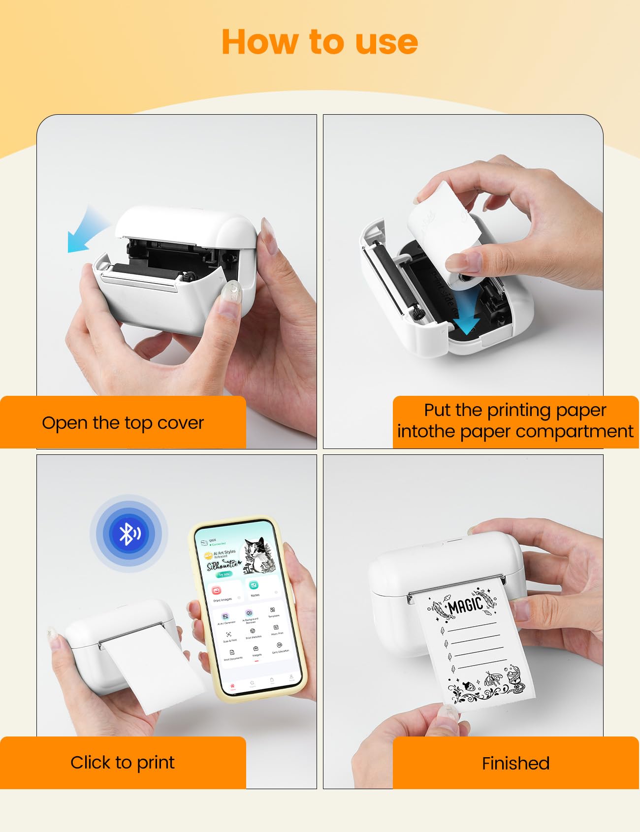 Memoking Q02E Mini Stampante Termica Portatile Bluetooth, Stampante Etichette con 3 Rotoli di Carta, Bianco