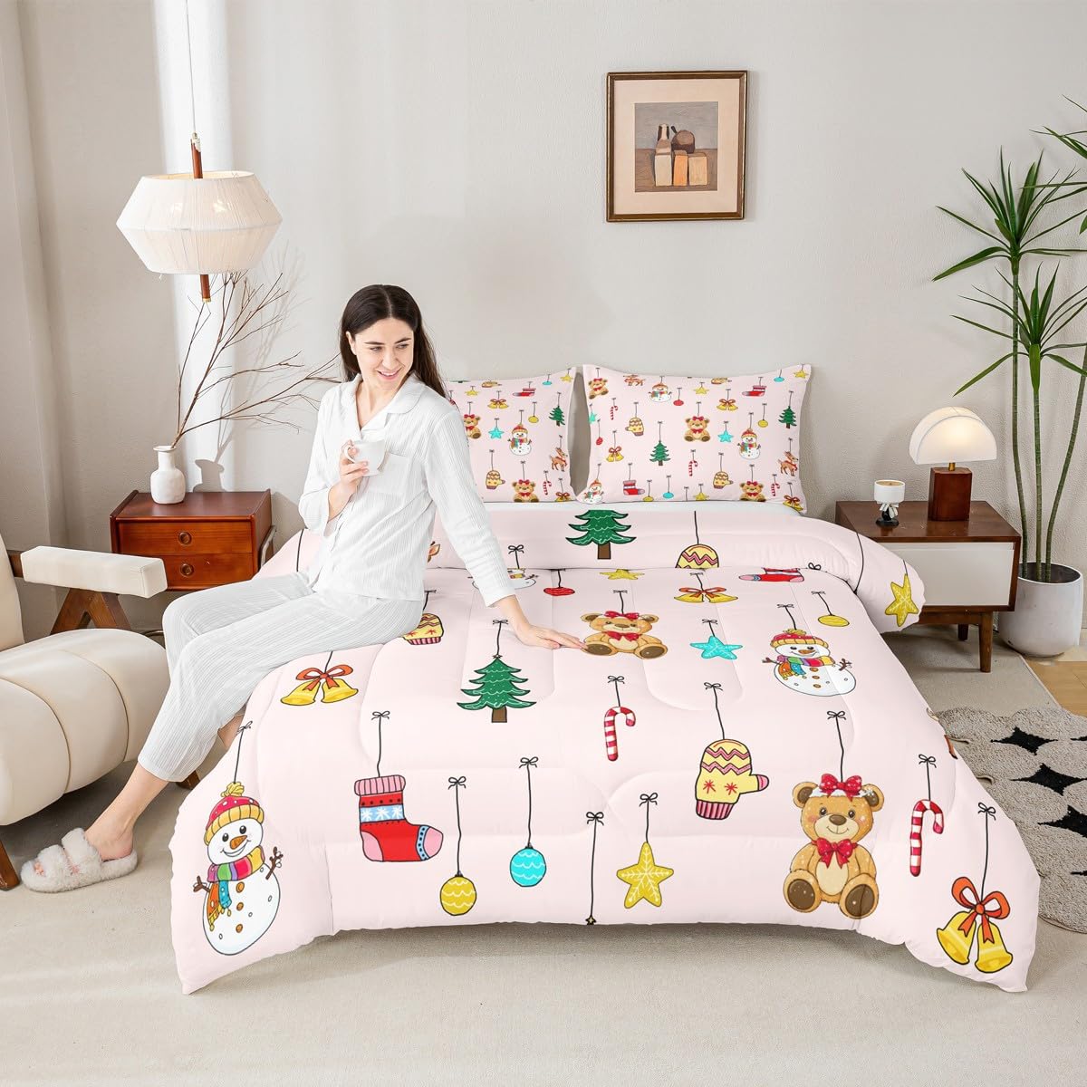 Homewish Różowy świąteczny zestaw kołdry w rozmiarze King Size - uroczy bałwan niedźwiedź dzwonki zestaw pościeli dla dzieci nastolatków lampki świąteczne zestaw kołdry - skarpety choinkowe bez