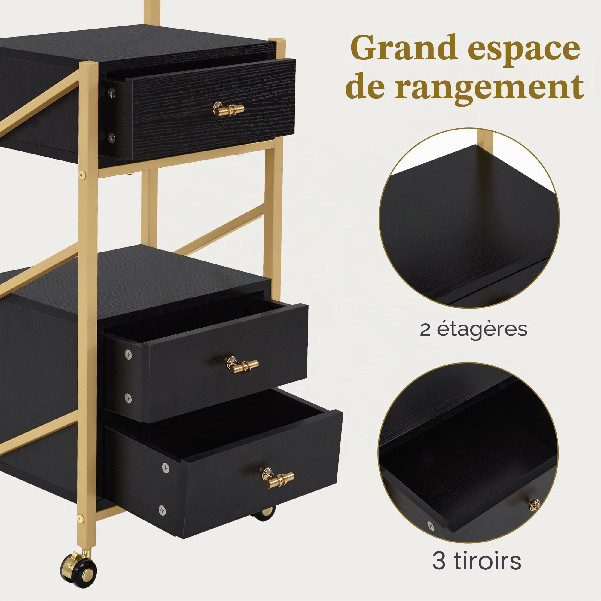 MCombo Chariot de coiffure 3 tiroirs noir doré 30x40x97 cm