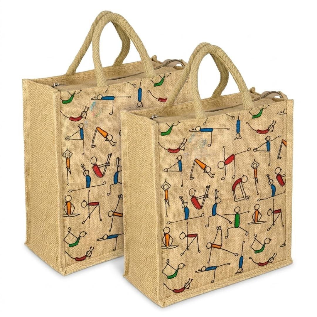 DESI DHAGA Jute Bag for Shopping | Pack of 2 Eco-Friendly Reusable Grocery Bags with Zipper | Large Multipurpose Tote Bag for Office, Lunch & Vegetables | Natural Jute |Unisex (33×29×12 cm)
