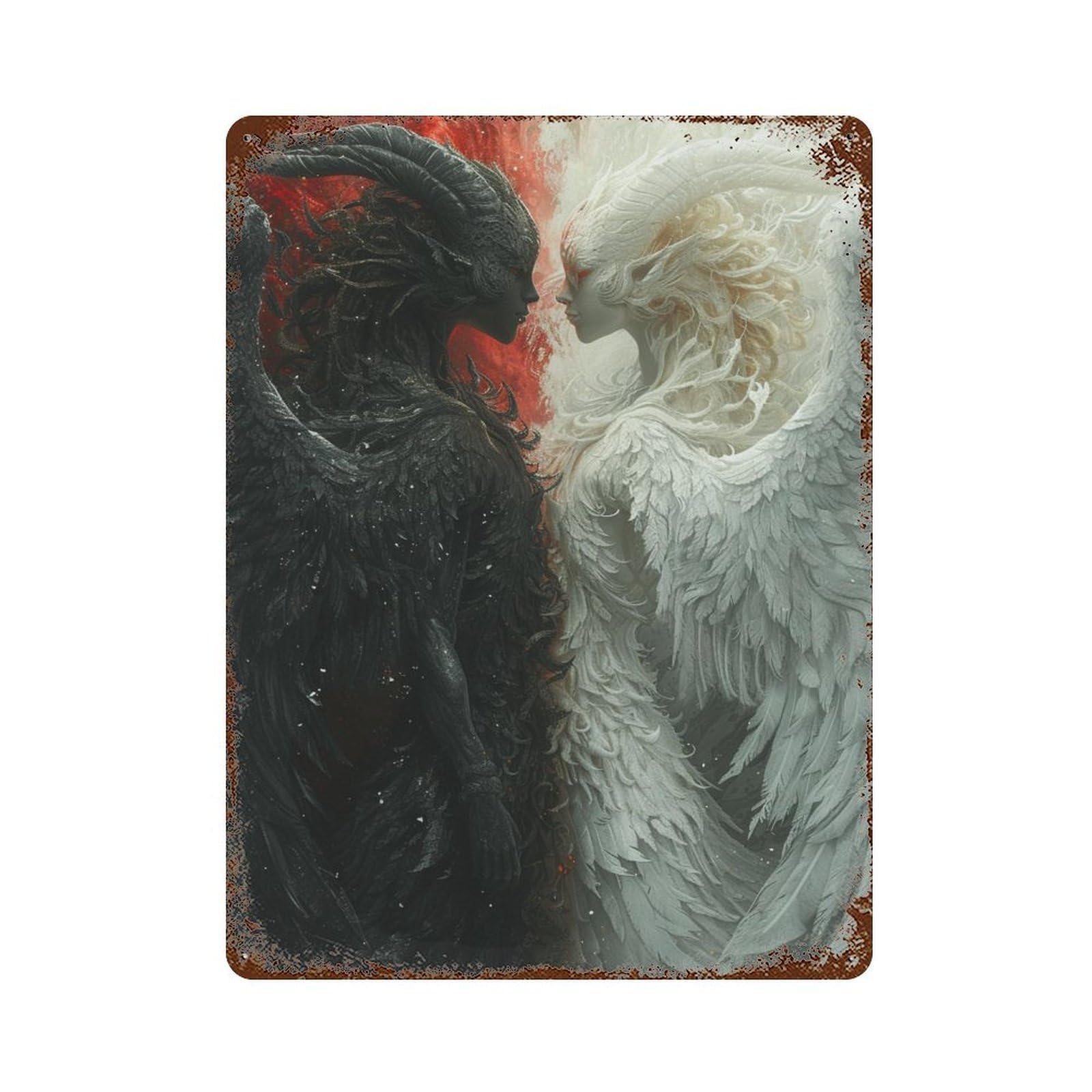 Weathered Tin Sign Angel Vs Devil Fantasy Artwork 15.7"x11.8", Rustic Home Decor for Basement, Hobby Room And Garage Decor