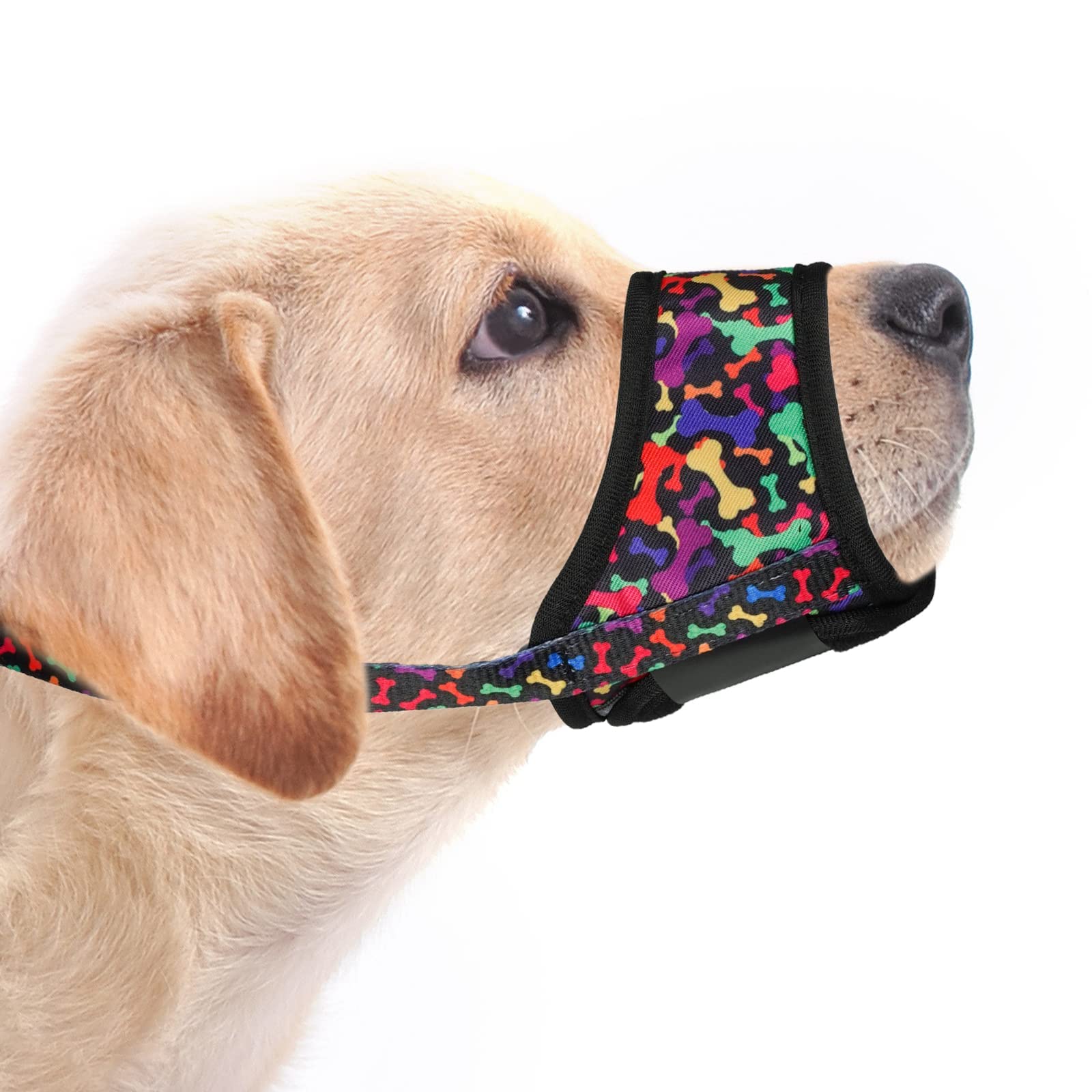 LUCKYPAW Dog Muzzle Anti Biting Barking and Chewing with Comfortable Mesh Soft Fabric and Adjustable Strap, Suitable for Small, Medium and Large Dogs(Black Bone,XS)