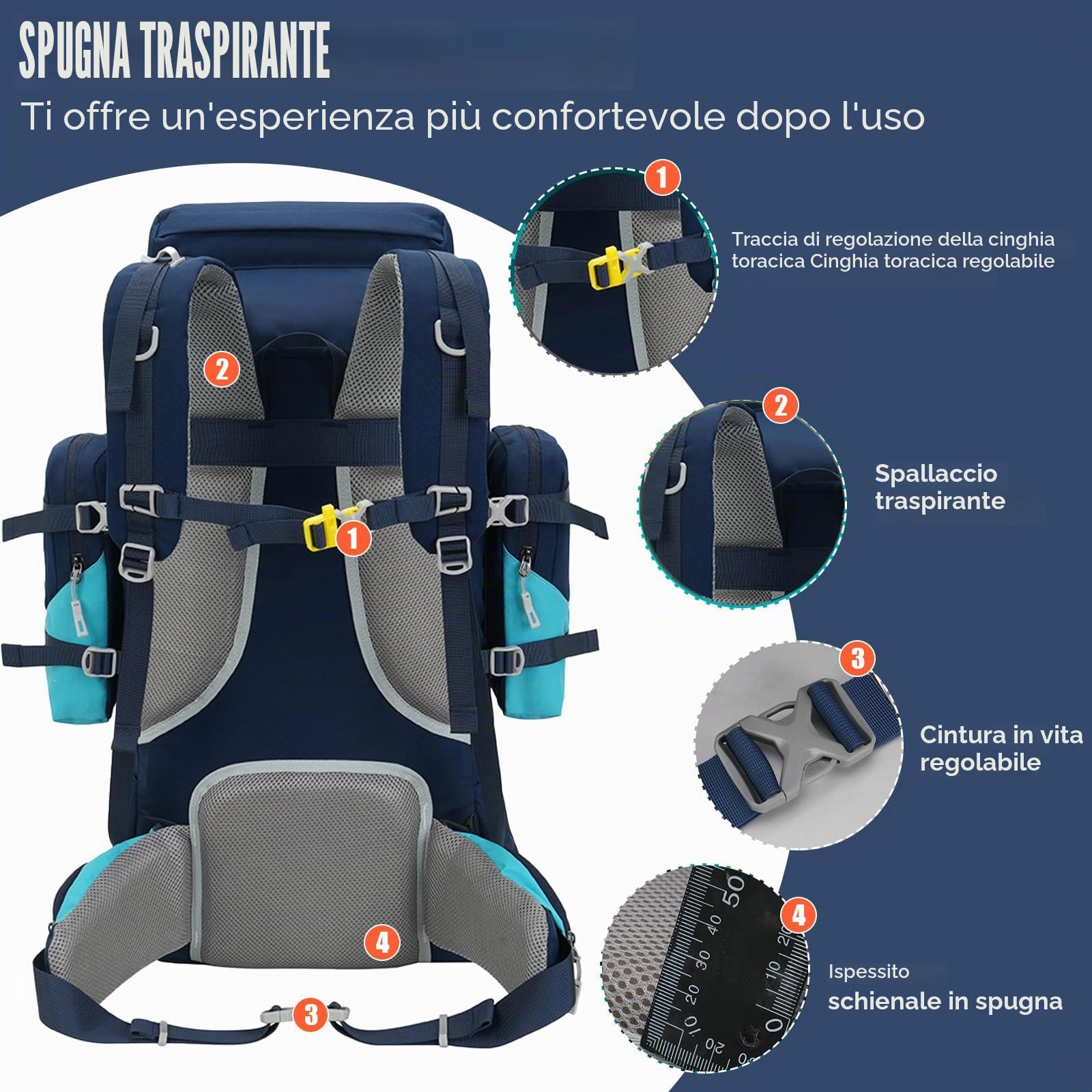 Bseash Zaino da campeggio impermeabile da 70 l (65+5) con copertura antipioggia, zaino da viaggio per sport all'aria aperta per arrampicata Touring