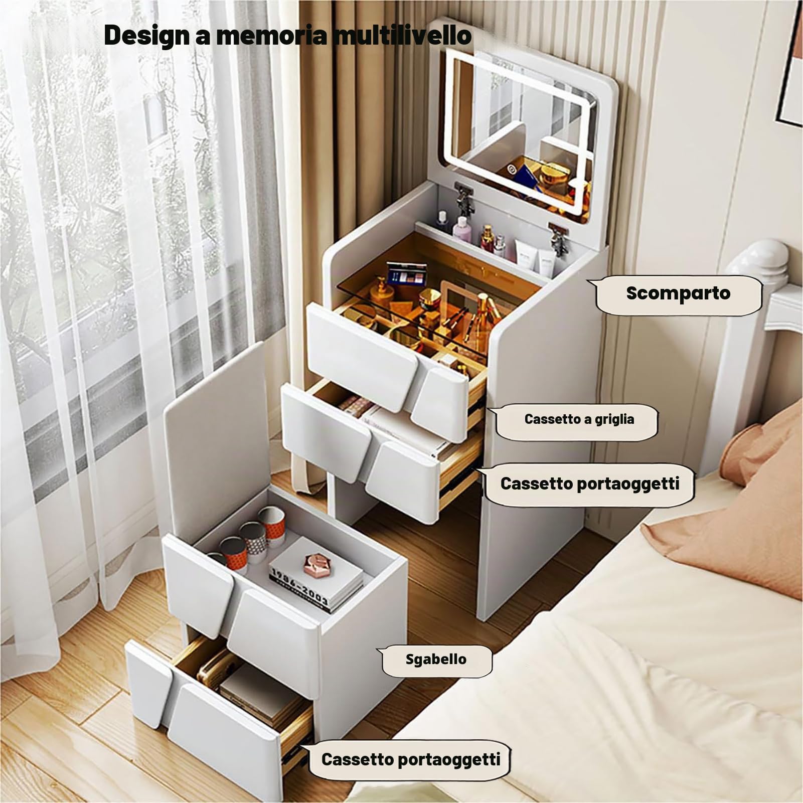 Scrivania da Trucco 3 in 1, Toeletta Trucco con Specchio Pieghevole e Luce LED Regolabil di Luminosità, Postazione Trucco Moderno con 4 Cassetti e Sgabelli Imbottiti, Bianco