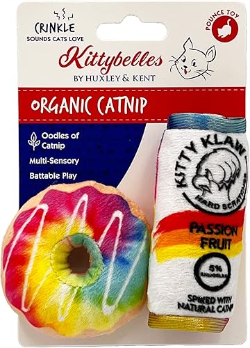 Huxley Kent Kittybelles - Paquete de 2 juguetes para gatos Orgullo dona y gatito Klaw Passion Fruit Fuerte juguete para gatos relleno de hierba