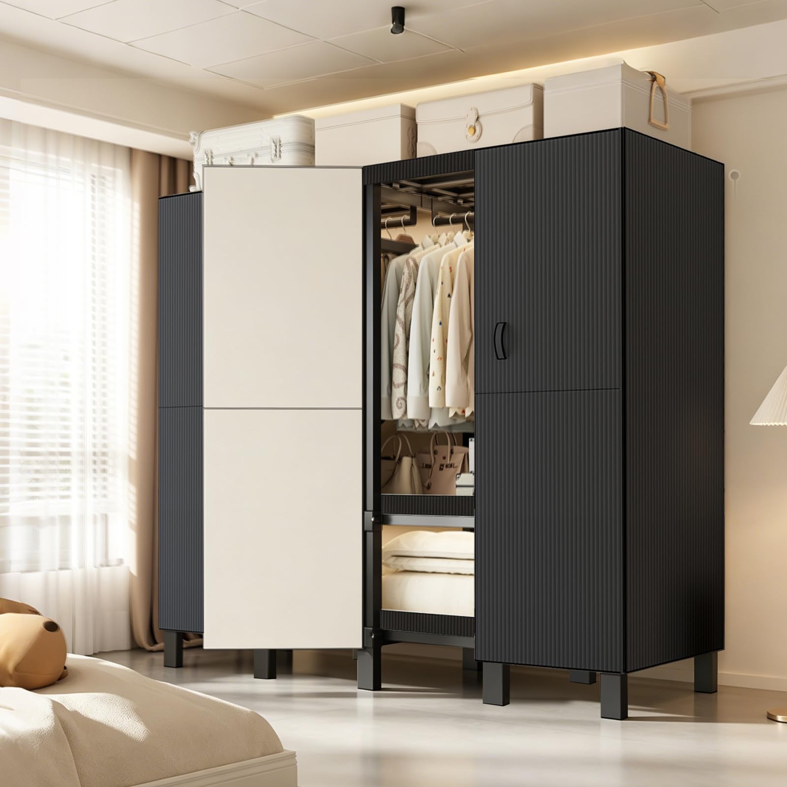 125cm Schwarz Faltbarer Kleiderschrank mit magnetischer Tür, 500 kg