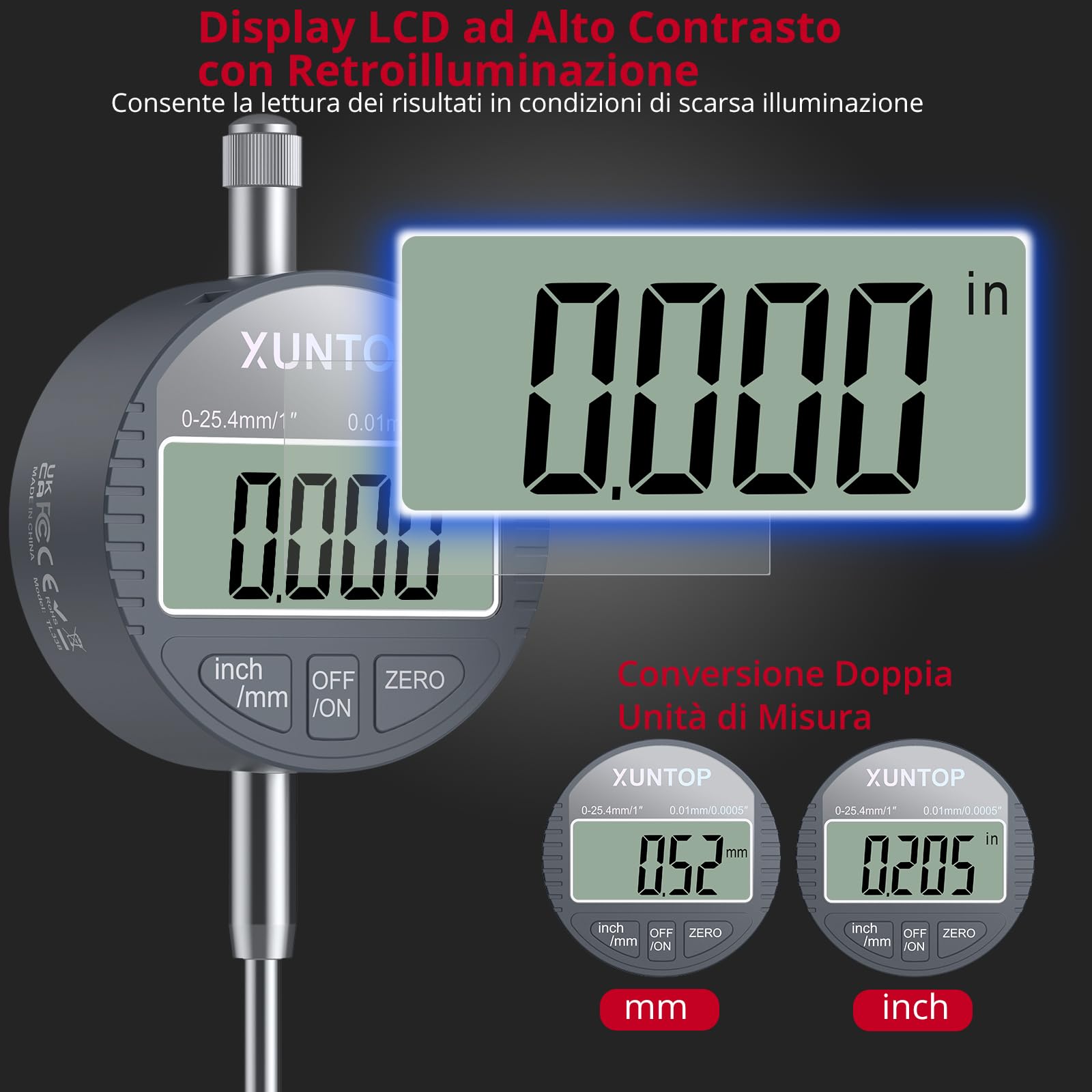 XUNTOP Comparatore Centesimale Digitale 0-25.4mm/1" Supporta Commutazione mm/pollice Indicatore Digitale DTI con Sonda Digitale 25.4mm Misuratore Digital Precisione 0.01mm per Stampanti 3D, Tornio
