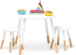 Wildkin Kids Scandi Table and Chairs for Toddlers Boys and Girls, Table Set for Kids Includes Two Matching Stools, Features Solid Wood Legs, Ideal for Homes, Daycares, and Classrooms (White/Natural)