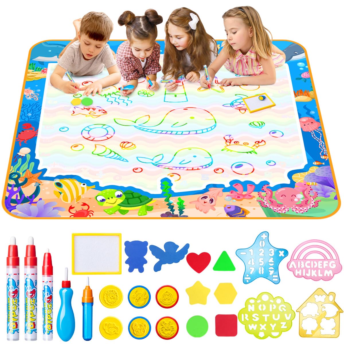 Water Doodle Mat, 105 * 100 CM Large Aqua Drawing Mat with Water Pens Molds, Mess Free Painting for Kids Outdoor & Garden Toys for Toddlers Age 3 4 5 6 Educational Toddler Toys for Girls Boys