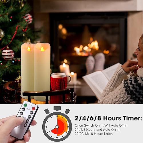 Miniatura 5 de PChero Velas parpadeantes sin llama de 10 x 3 pulgadas con control remoto y temporizadores, velas LED de cera real que funcionan con pilas, juego de