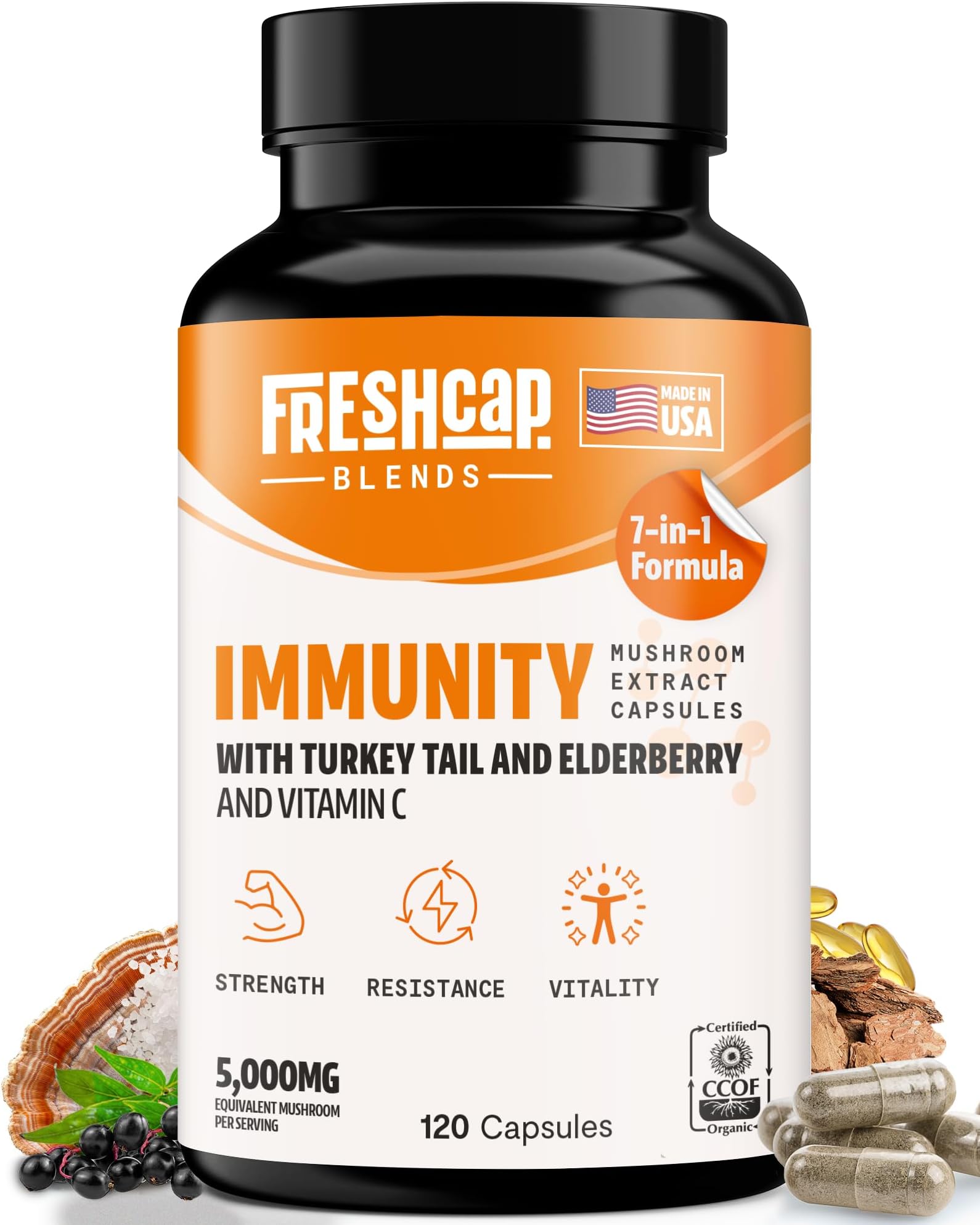 FreshCap 7-in-1 Immune Support Supplement - 5000mg Turkey Tail Mushroom Capsules - Immune Boosters for Adults, Immunity Boost Supplement, Elderberry Vitamin C and Zinc, Ayurveda (120 Capsules)